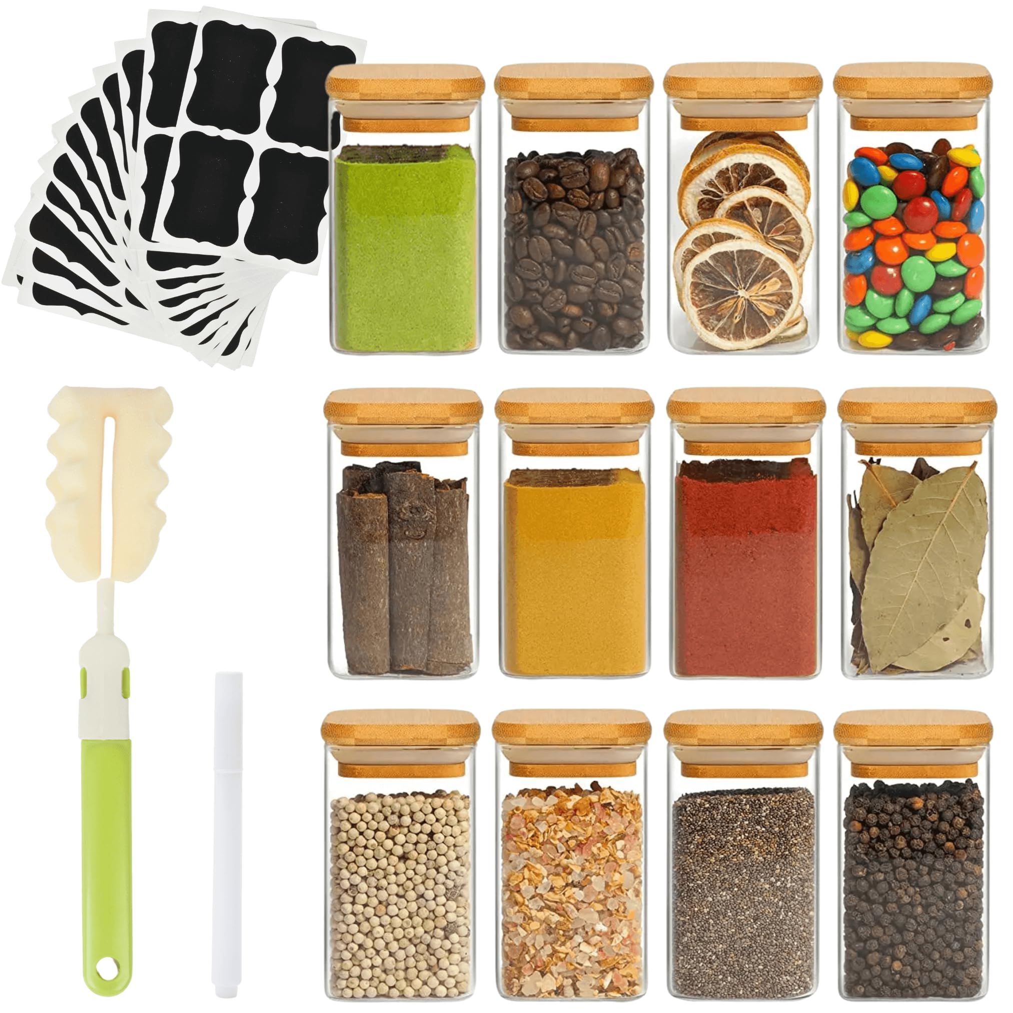 AZON 12 Piece Glass Spice Jars with Airtight Bamboo Lid (8 oz/250 ml) - Stylish & Eco-Friendly Storage Solution - Glass Food Container Set with Marker, 48 Waterproof Labels & 1 Soft Brush