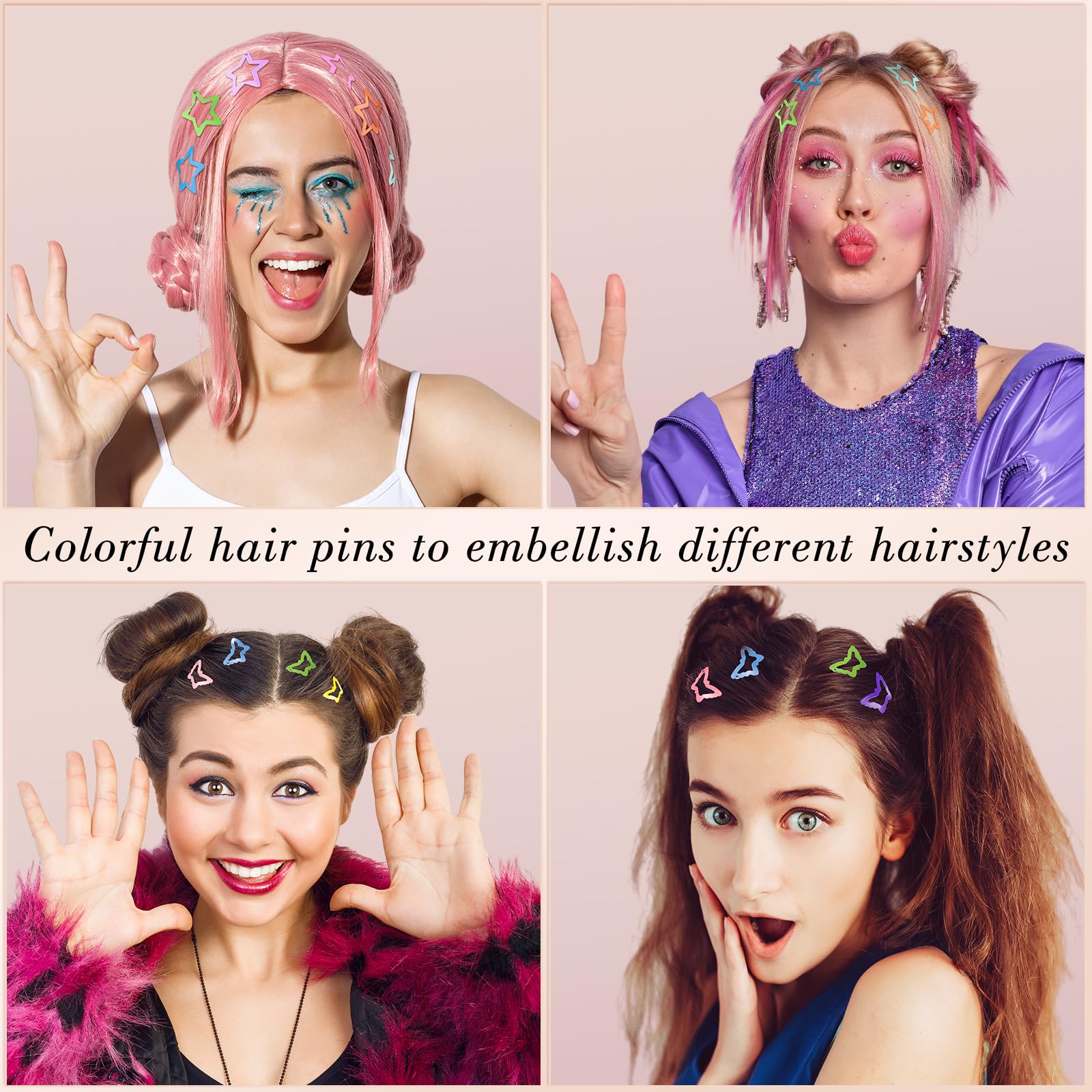 obeoby 82 fermagli per capelli colorati in 5 stili per ragazze, fermagli per capelli in metallo a scatto per ragazze graziose stelle farfalle cuori clip per ragazze accessori per capelli regalo