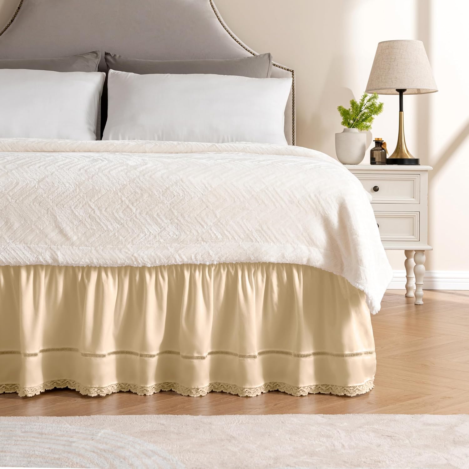 MIYE Wrap Around Ruffled Lace Bed Skirt, Elastic Dust Ruffle with Adjustable Belts, Easy to Put On, Bed Frame Cover, Machine Washable (Floral Lace/Light Beige, King/Queen-15 Drop)