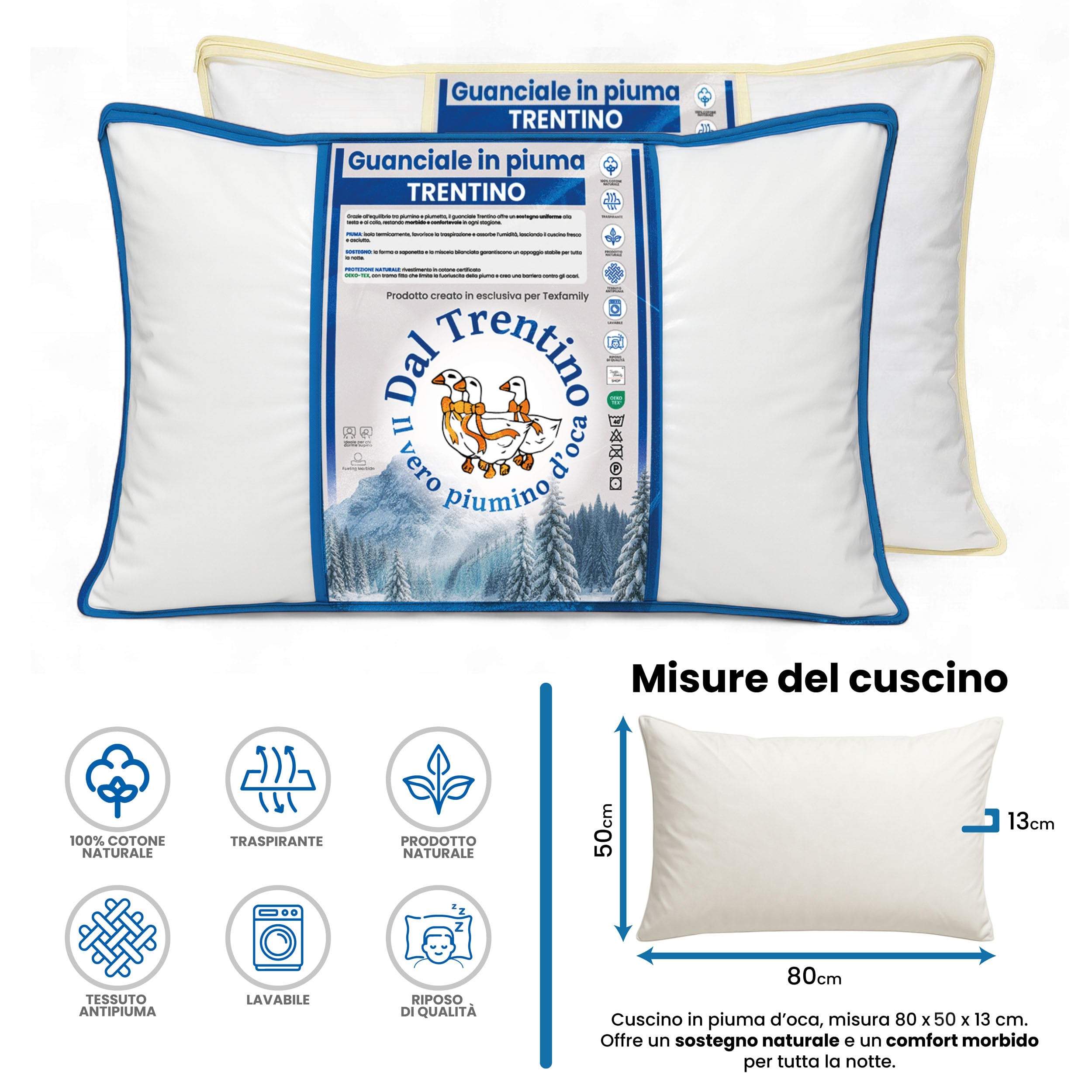 Tex family Cuscino in Piuma d'Oca Trentino 50x80 cm 1000 g – Guanciale Letto Morbido Sostegno Medio – Cotone Twill Anallergico Antipiuma OEKO-TEX – Prodotto Dal Trentino
