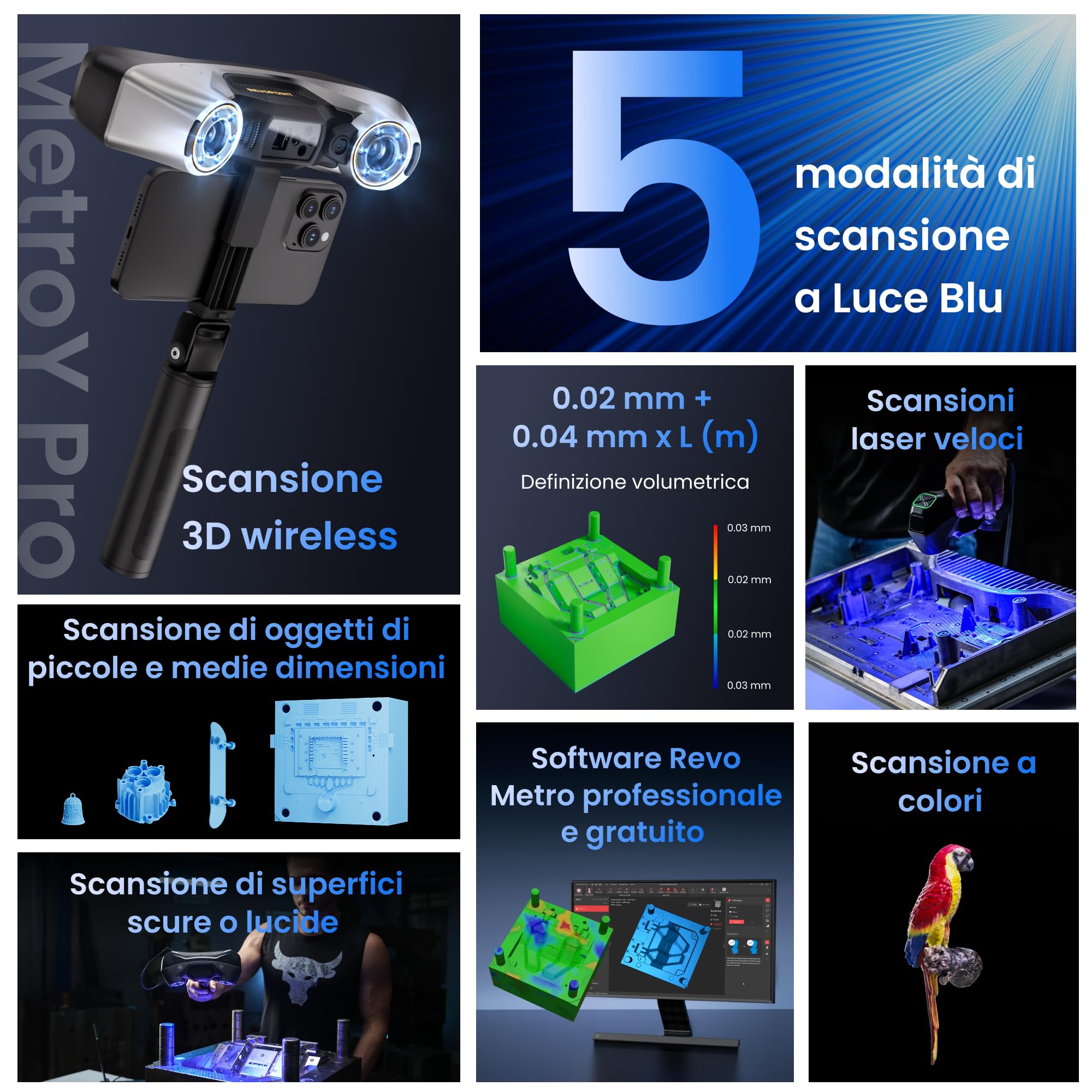 Revopoint MetroY Pro Scanner 3D per Stampa 3D, Precisione da 0,01 mm, Scanner Portatile Laser Blu Precisione Industriale 34+15+1, a Tutto Campo con a 62 Linee di Scansione, Anteprima in Tempo Reale