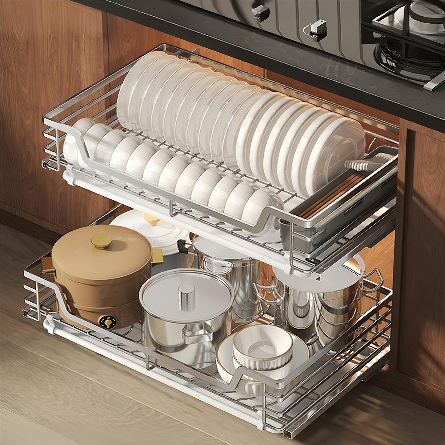 Organizer for armadio da cucina a 2 livelli in acciaio inossidabile