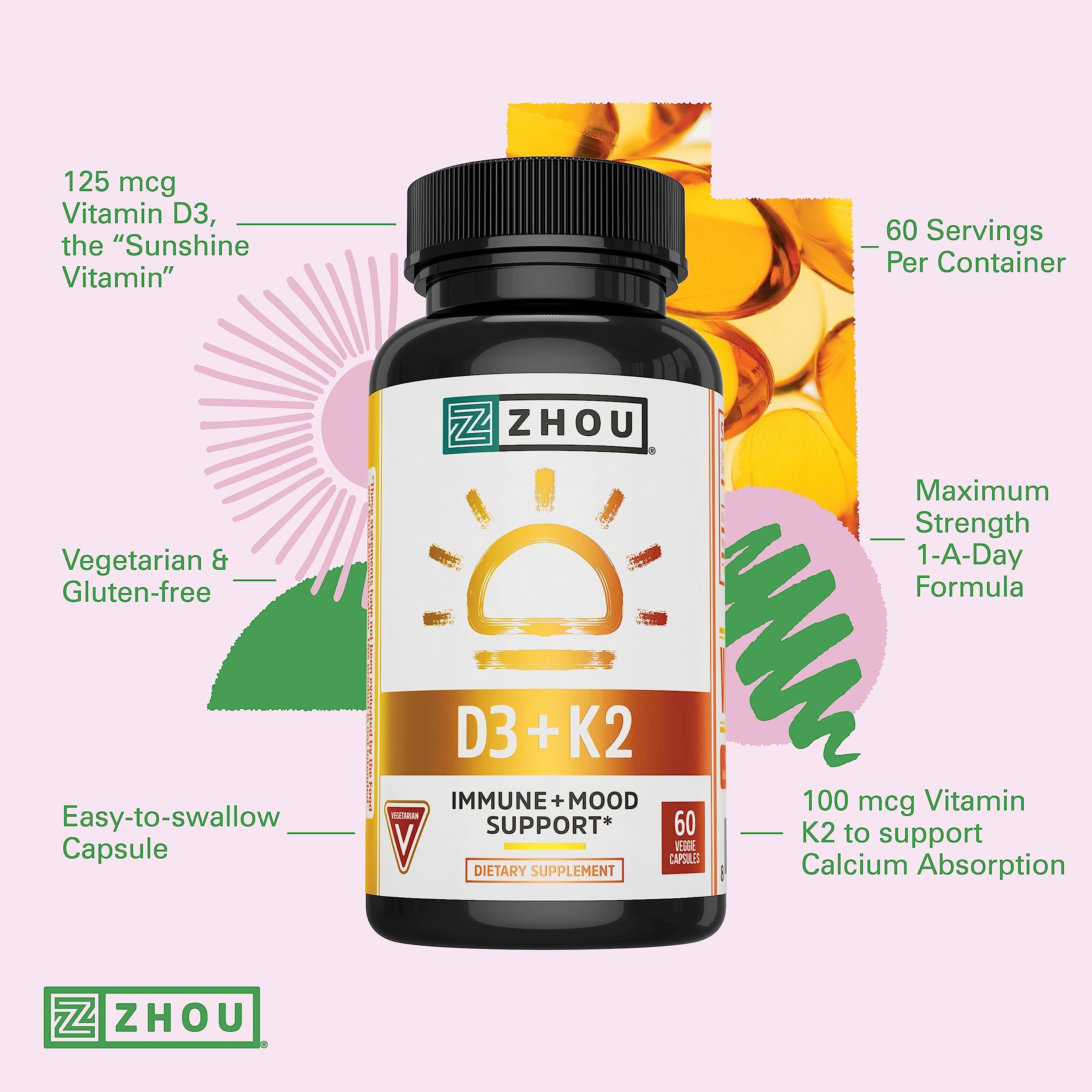 Zhou D3+K2 Supplement - 60 Veggie Capsules (Pack of 1) — Amazon image 4