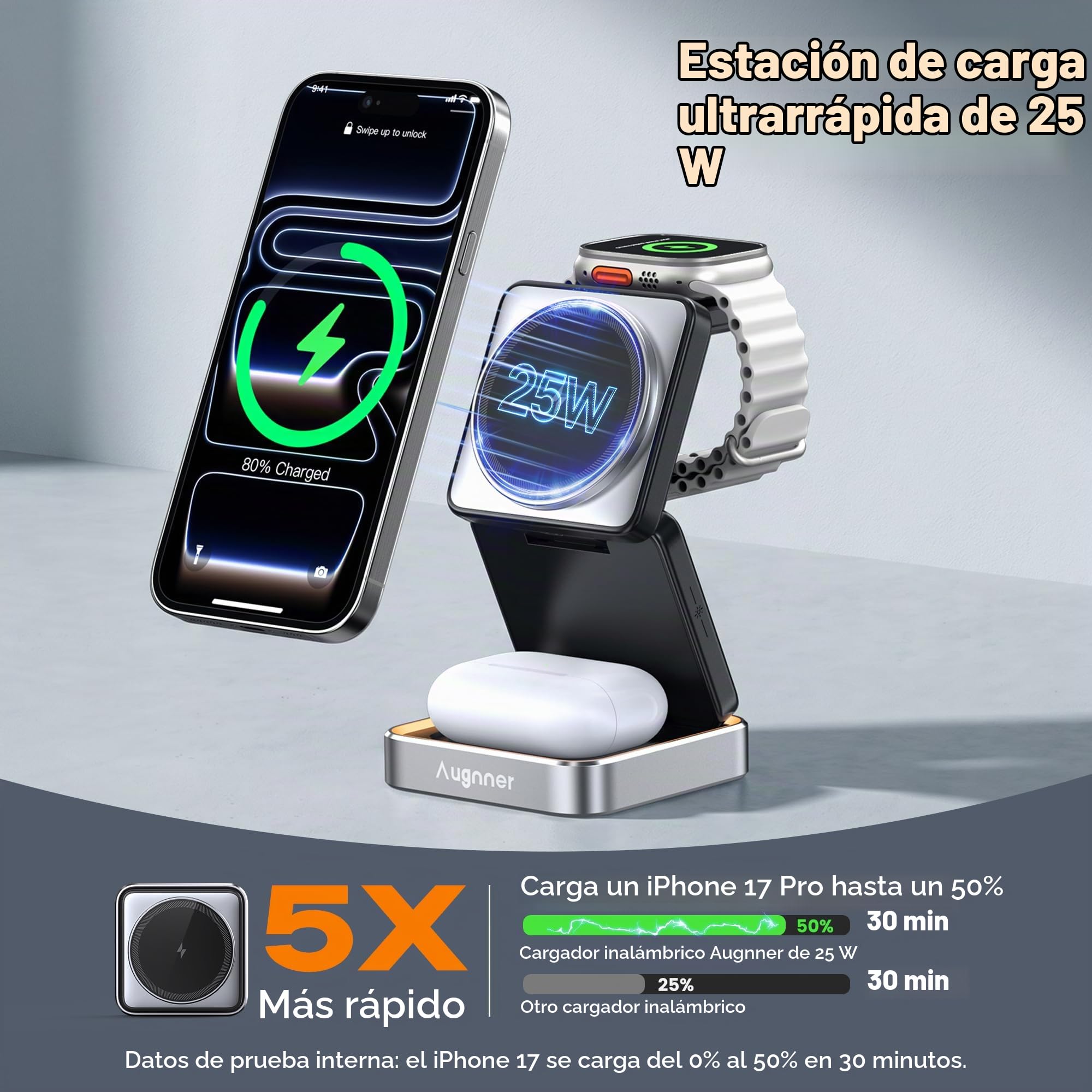 Estacion de Carga iPhone 25W, Plegable Cargador Inalámbrico Rapida para iPhone 17 16 15 14 13 12, 3 en 1 Base de Carga iPhone y iWatch, Soporte de Carga de Viaje con AirPods Pro con 45W Adaptador