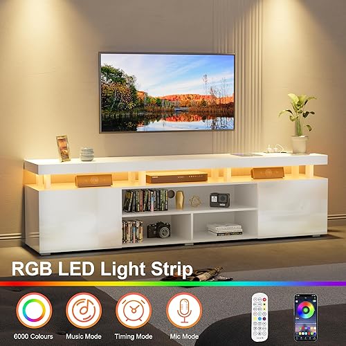 Miniatura 5 de Soporte de TV LED para televisores de hasta 90 pulgadas, moderno centro de entretenimiento con toma de corriente, consola de TV LED para juegos con