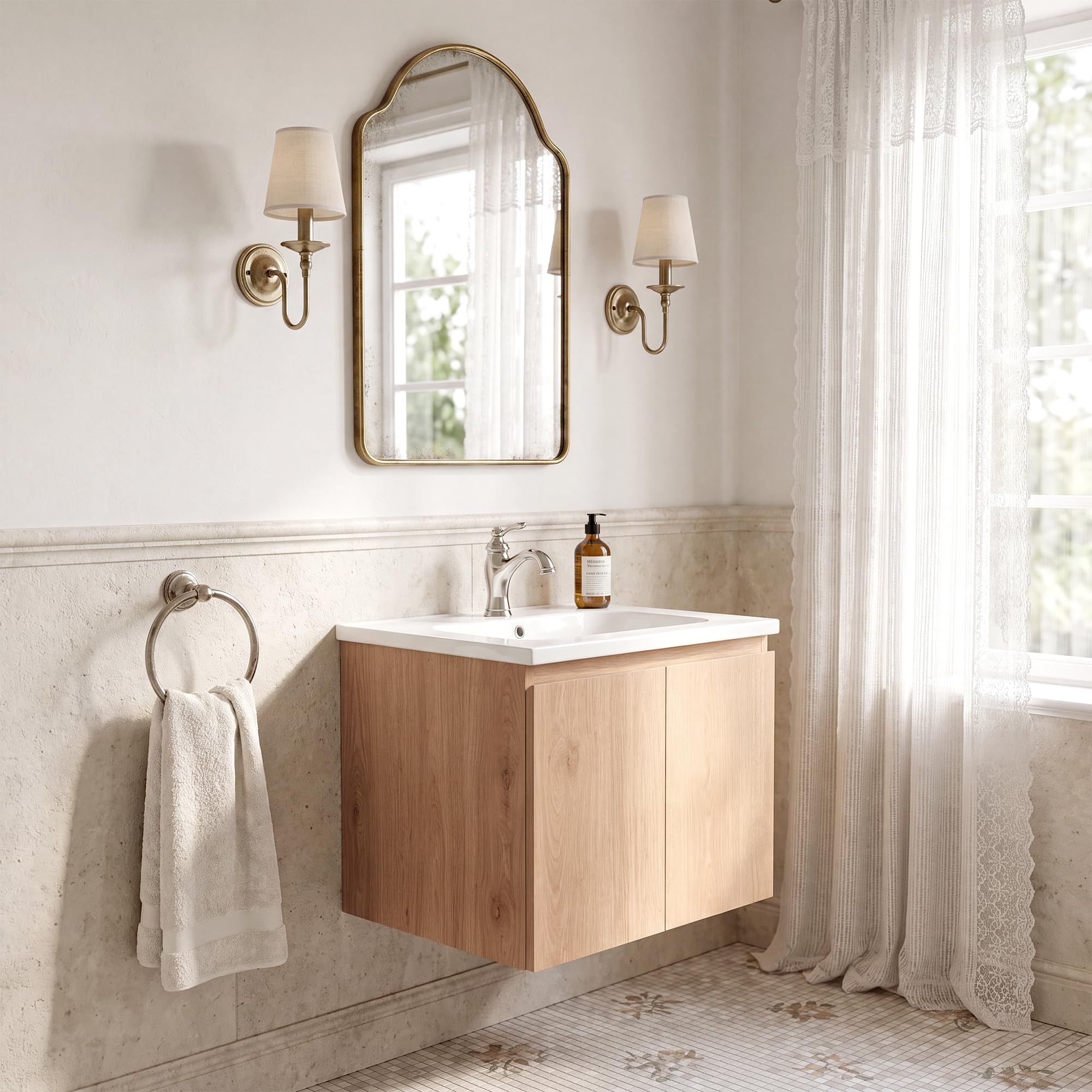 Waschbecken mit Unterschrank 60 cm, Hängend, Wandmontiert, Soft-Close | Handgefertigte Details, Keramikbecken, Soft-Close-Türen, versiegelte Kanten und Stauraum für kleine bis mittelgroße Bäder.