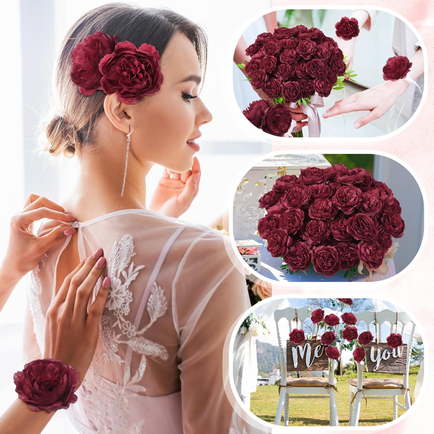 50 Pcs Artificial Flowers, 3.2 Inches Silk Rose Head Flowers Fake No Stem for Wedding Bridal Bouquet Home Floral Decor DIY Centerpieces Arrangements Party Tables Decoration(Burgundy) - Image 6