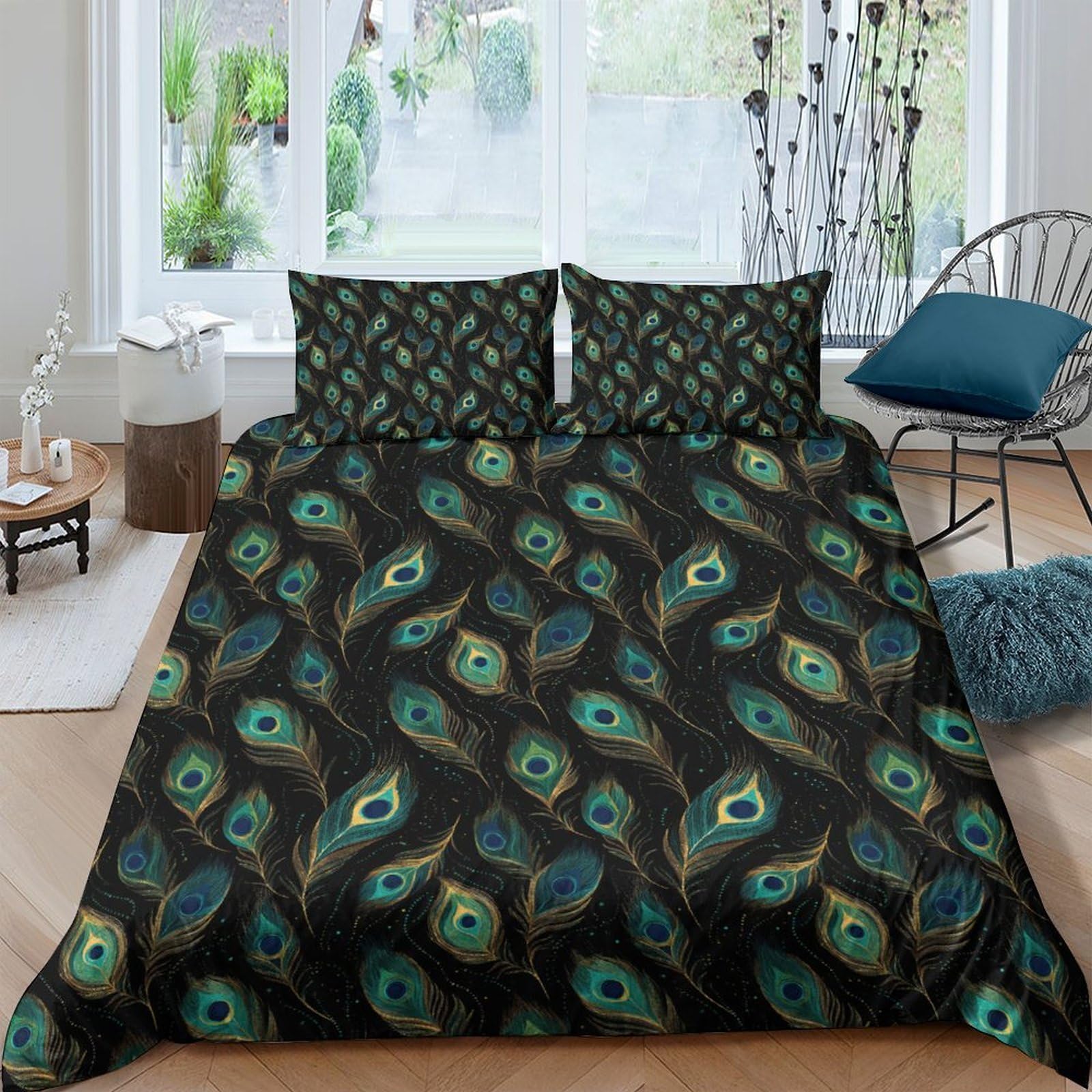 GPLZQXKJNH 3D Printed Peacock Feather Duvet Cover Microfiber Soft Breathable Decorative Bedding Set with 2 Pillowcases for Bedroom Single（135x200cm）