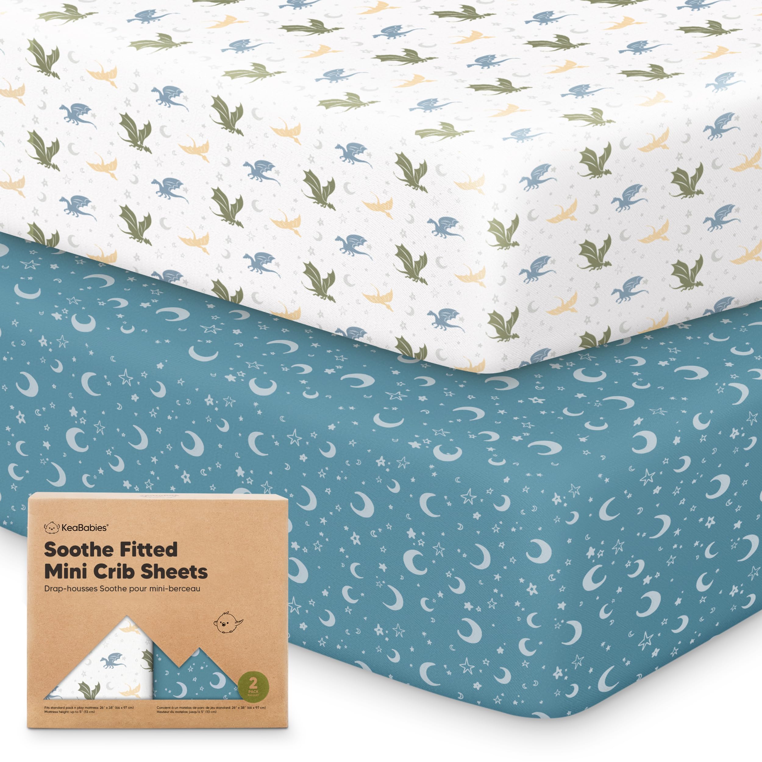 2-Pack Mini Crib Sheets Fitted - 38x26 Pack N Play Sheets for Pack and Play Mattress, Organic Cotton, Soft & Breathable Playard Bedding, Neutral Mini Toddler Bed Cover for Boys, Girls (Dragon Tale)