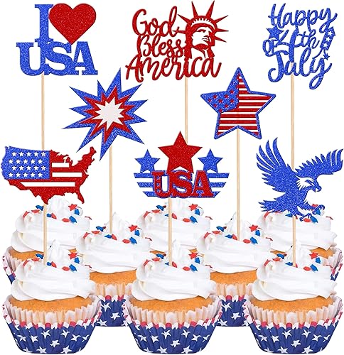 32 piezas de decoración para cupcakes del Día de la Independencia del 4 de julio, con purpurina, fuegos artificiales, estrella, mapa, bandera, Dios