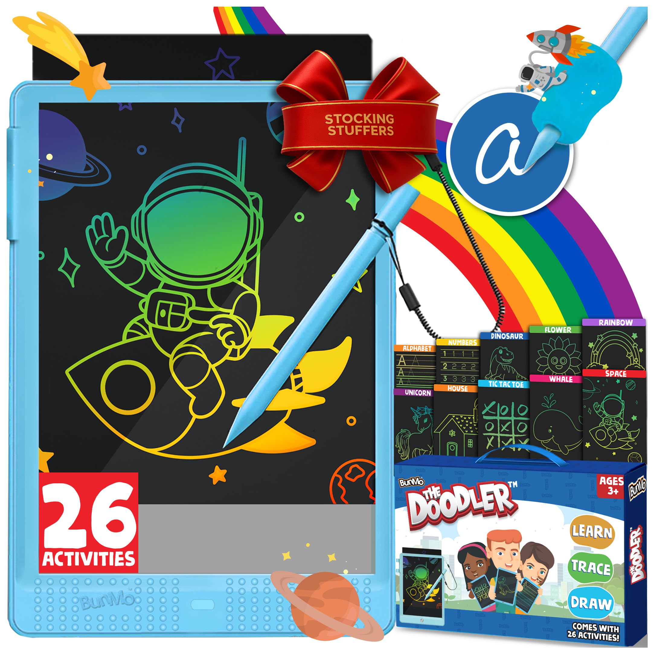BUNMO Doodle Board + 26 Unique Templates - Draw, Color & Write with Insertable Tracing Templates - Learn to Write Letters & Numbers - Creative Fun - Kids Drawing Tablet - Kid Drawing Board