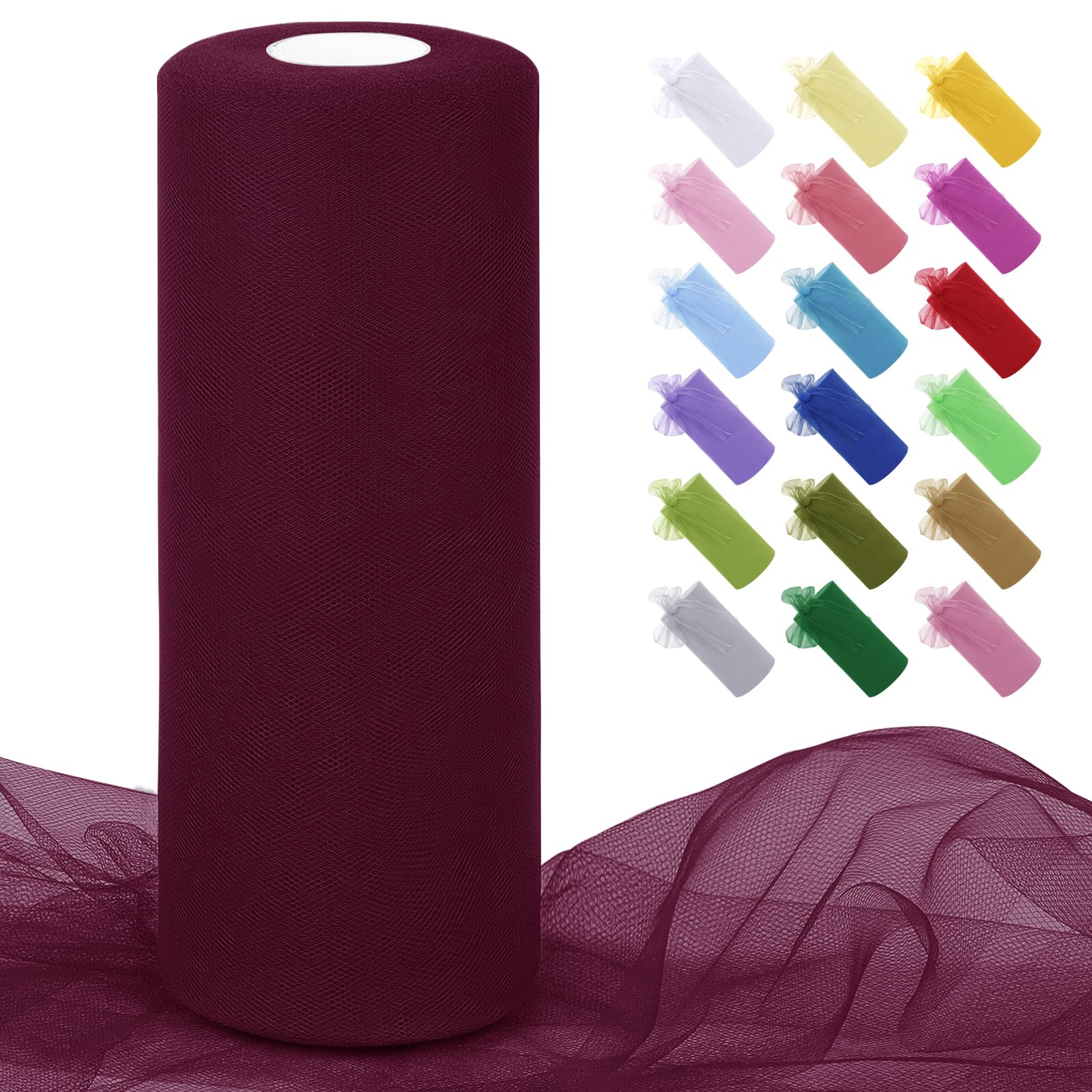 Uiopa Wine Red Tulle Fabric Roll 30cm x 91m Polyester Netting Fabric Mesh Tulle Ribbon for Tutu Skirts, Gift Wrapping, Birthday/Party/Wedding Decoration, DIY Projects