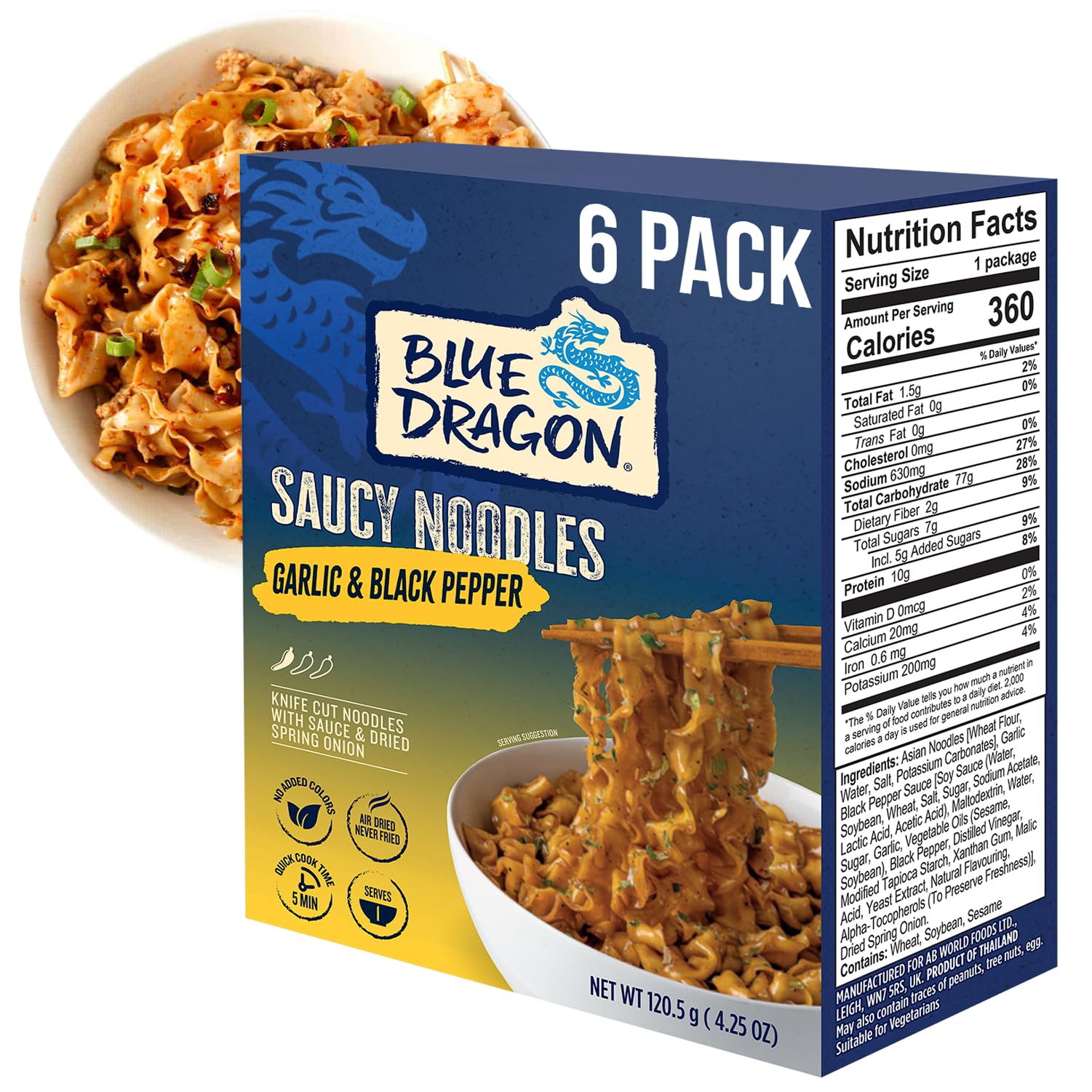Blue Dragon Garlic & Black Pepper Saucy Noodles - 4.25oz (Pack of 6) - Knife Cut Air Dried Noodles w/Garlic & Black Pepper Sauce & Spring Onion Garnish - Quick & Easy Meal with Bold Asian Flavors