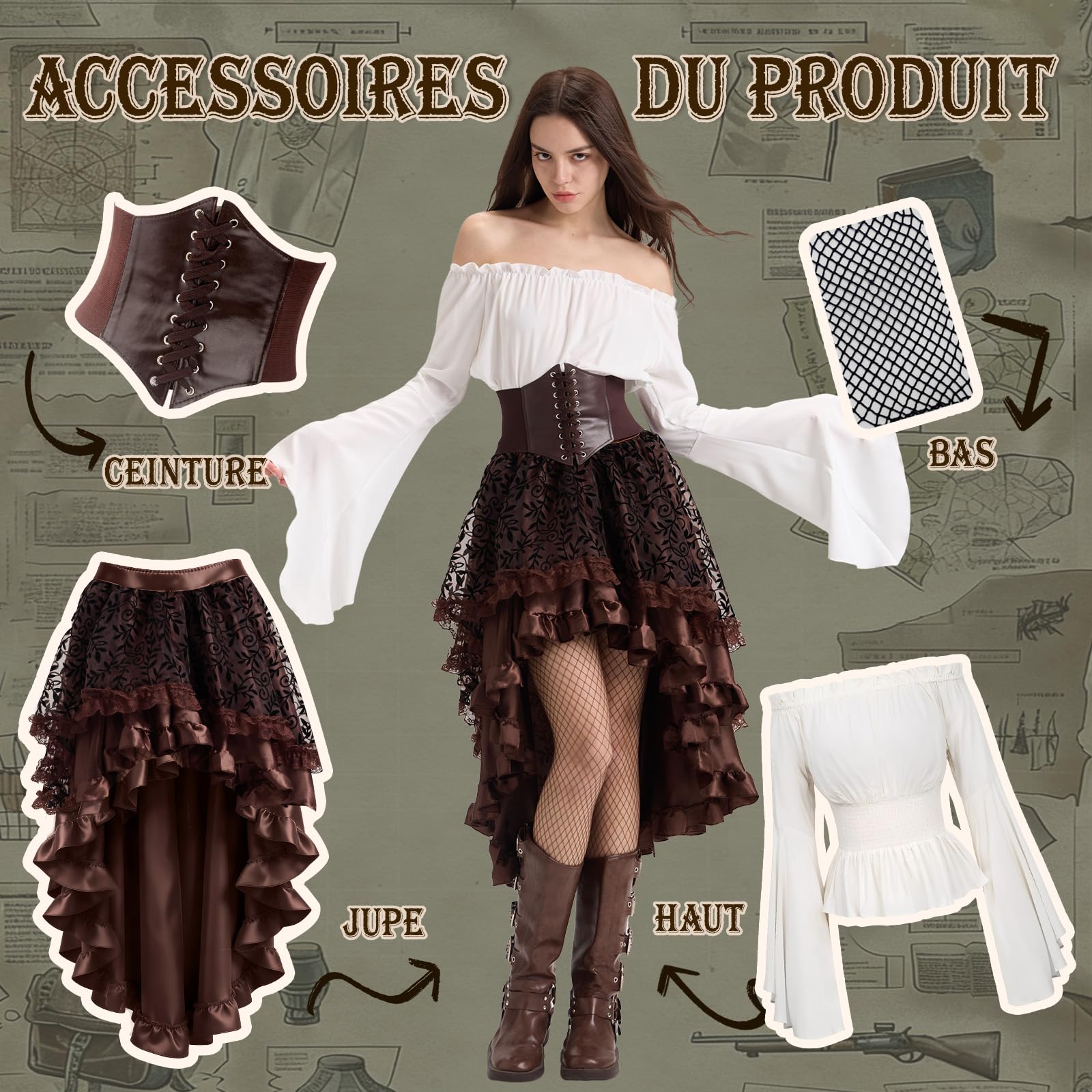 Charmofun Costume de Pirate pour Femme, Robe Medievale Femme avec Blouse à Épaules Dénudées et Corset de Pirate, Rétro Renaissance Victorienne Deguisement pour Carnaval Halloween Cosplay (Brun, S)