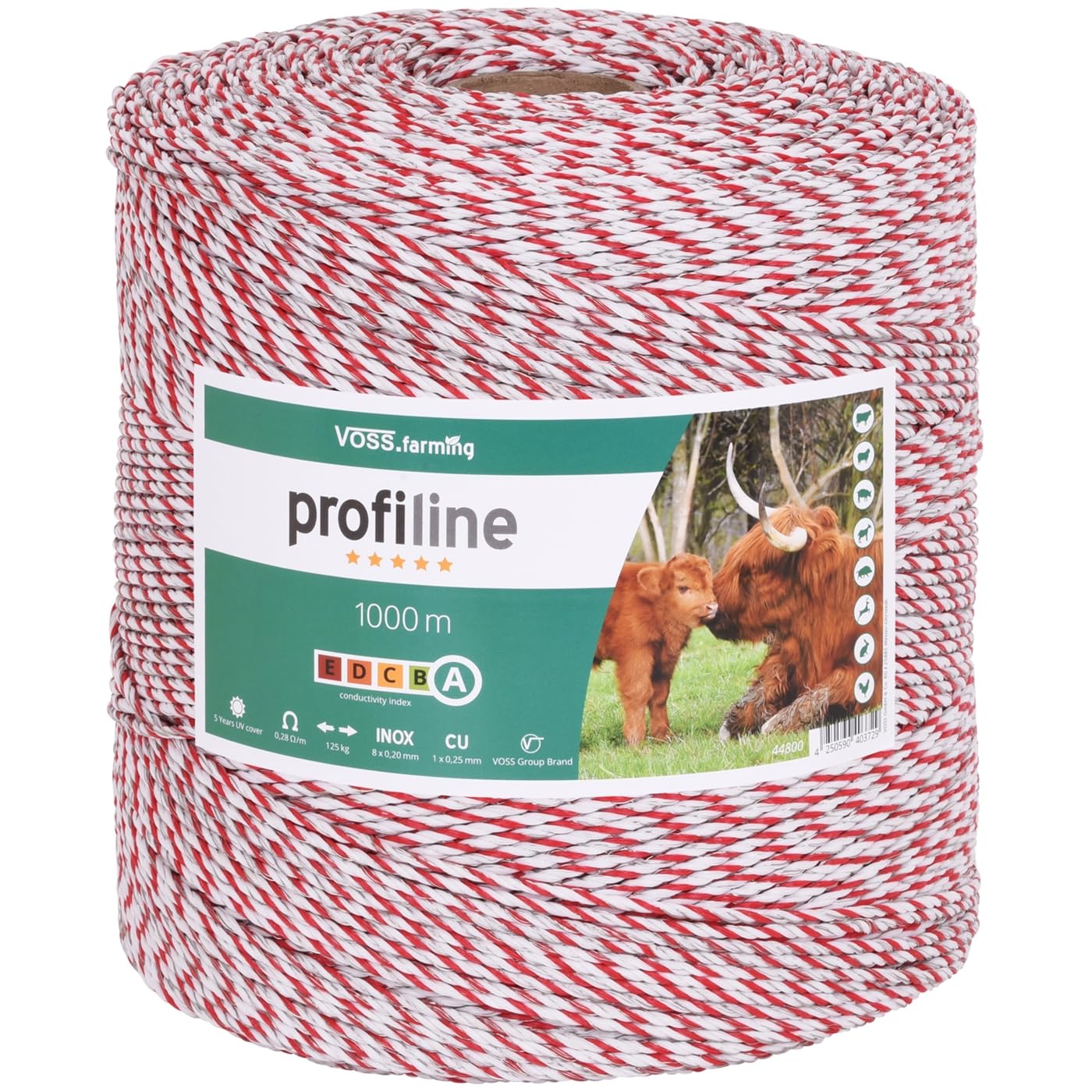 VOSS.farming Hilo Conductor para Pastor eléctrico 1000m, 1x0,25 Cobre + 8x0,2 INOX, Blanco-Rojo