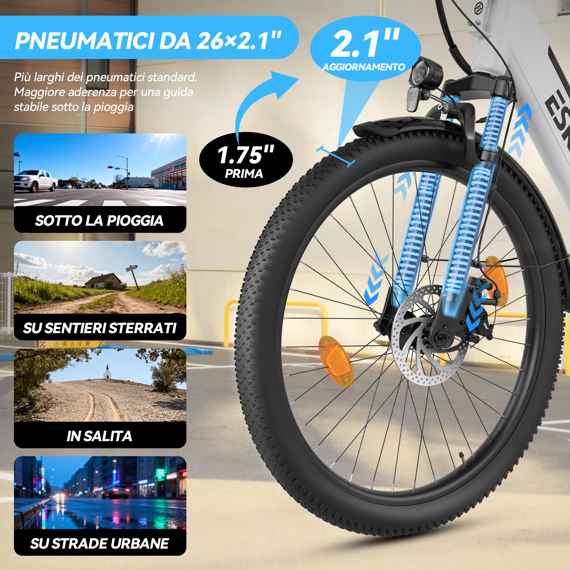 ESKUTE C100 Plus Bici Elettrica, 26 Pollici Bicicletta Elettrica, Motore 250W, Batteria Rimovibile 36V 13Ah, Velocità Massima di 25 km/h, 7 Velocità, Display LCD, E-bike per Adulti