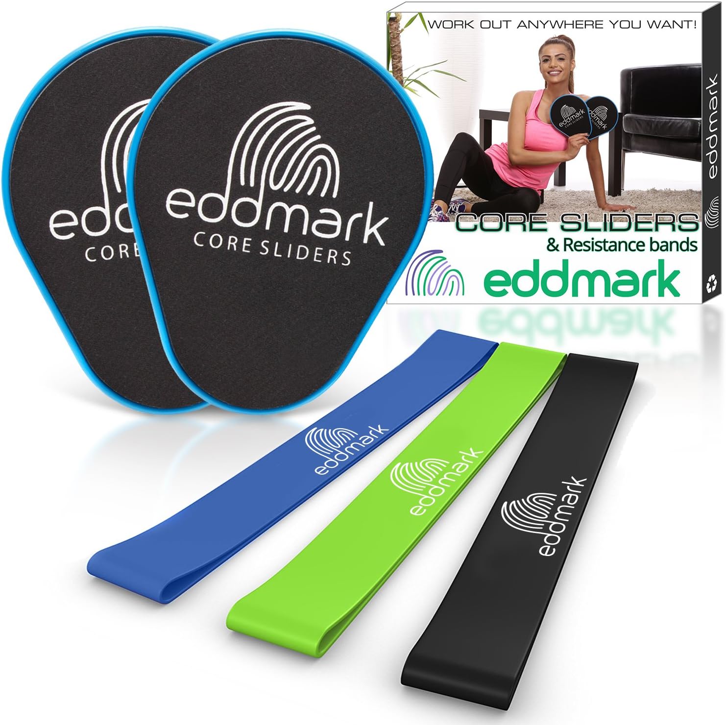 EddMark Professional Core Exercise Sliders - Dual Sided Gliding Discs Set of 2 - Resistance Bands Set of 3 - Home and Gym Fitness Equipment for Abs and Full Body Exercises