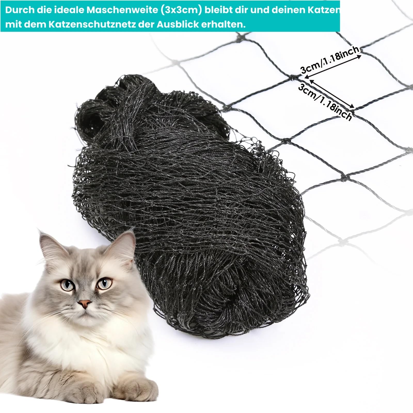 Rete per gatti per balcone, finestra, filo rinforzato, robusta rete di protezione per gatti, 2 x 3 m