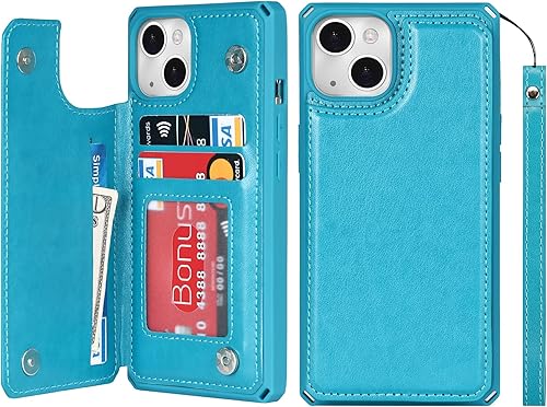 iCoverCase Funda compatible con iPhone 13 con tarjetero para mujer, bloqueo RFID en relieve, piel sintética con correa de muñeca de 6.1 pulgadas