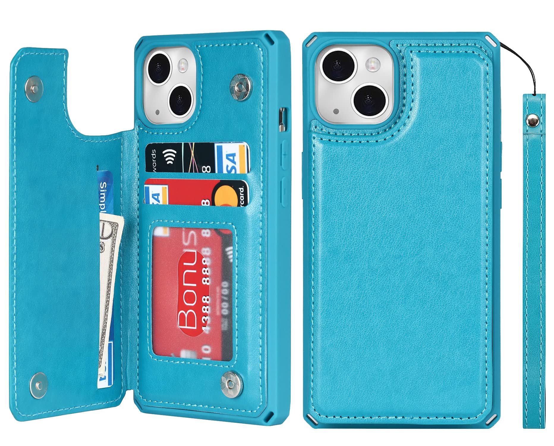 iCoverCase Compatible with iPhone 13 Wallet Phone Case with Card Holder for Women, RFID Blocking Embossed PU Leather Wrist Strap Case 6.1 Inch (