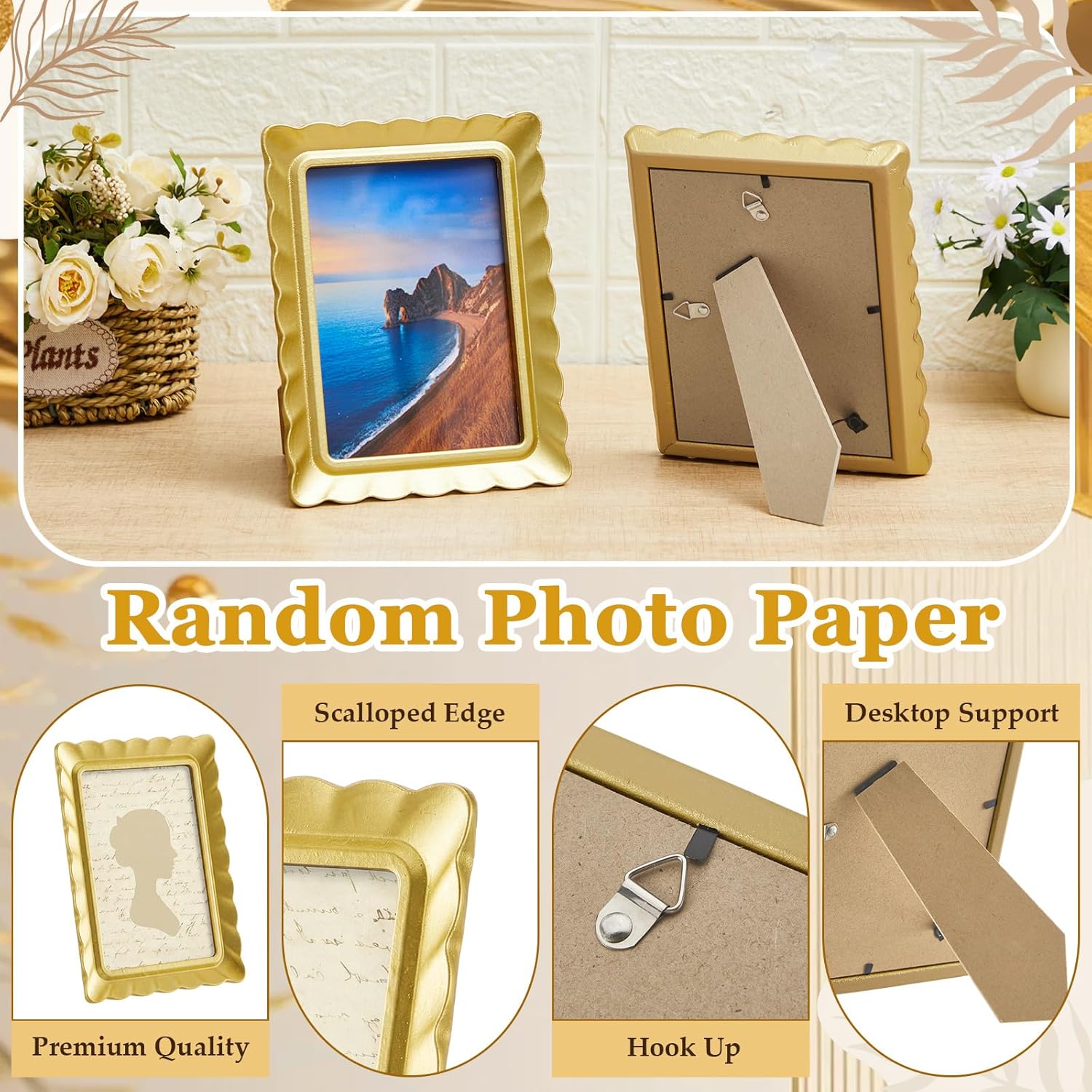Novabright 4 Set 5 x 7 Scalloped Picture Frame with Mat 3D Scalloped Edge Wooden Photo Frames with Real Glass - Wall Mount and Tabletop Display for Home Decor Wedding Gifts, Golden