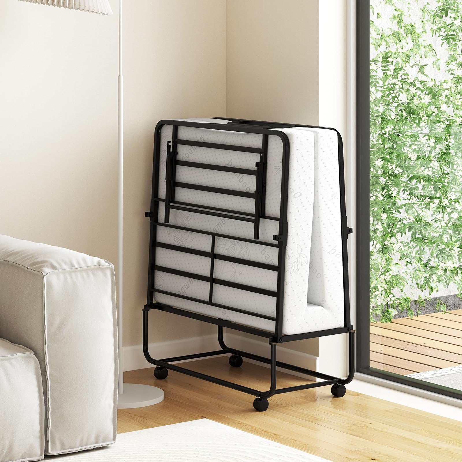 COSTWAY Cama Plegable con Colchón 90X190 cm, Cama Supletoria Plegable con 4 Ruedas, Estructura Metálica, Cama Individual Adultos y Niños Invidados, Carga 220kg