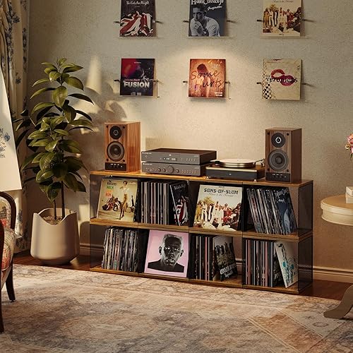 Miniatura 6 de Soporte para discos de 1 cubo compatible con tocadiscos, compatible con escritorio, almacenamiento de discos de vinilo apilable para 50-70 discos,