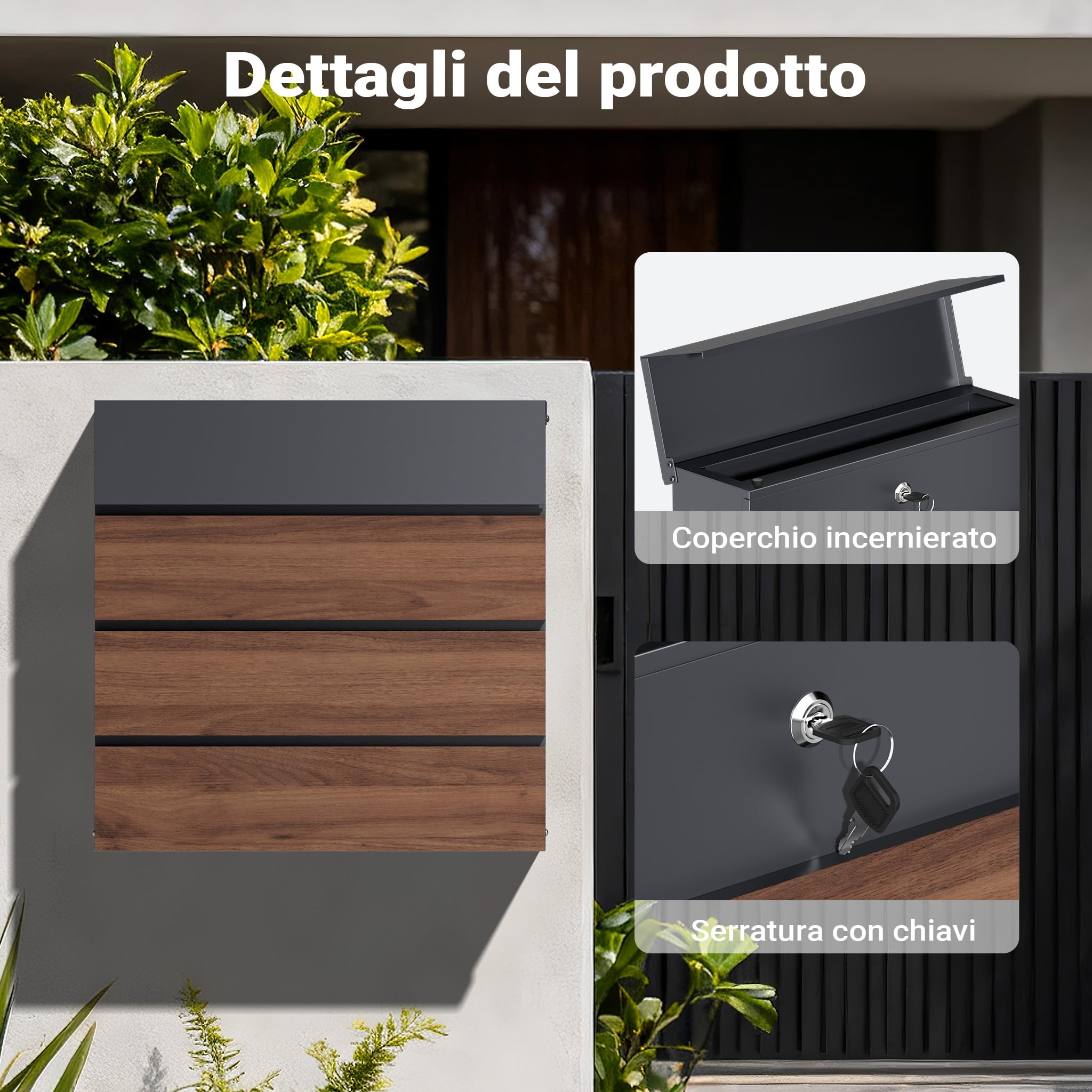 Cassetta postale con porta giornale, antracite e legno V63 montaggio a parete