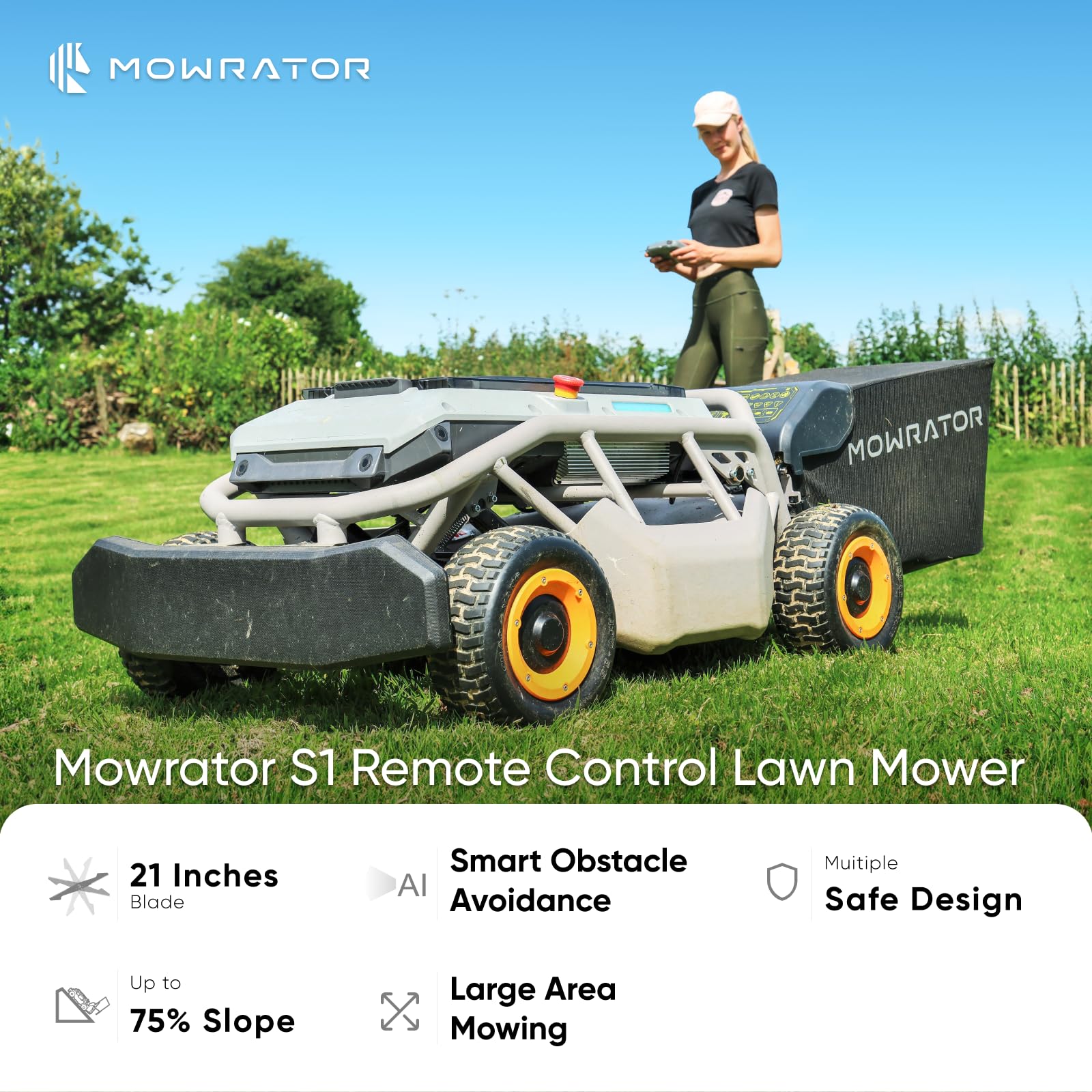 Mowrator Remote Control Lawn Mower S1 4WD 56V12Ah, Multi-Functions RC Lawn Mower with 1.5-4.3 Inch Cutting Height 21 Inch Cutting Width for 75% Slope(37°) for Mowing 0.75 Acres - Detailed View