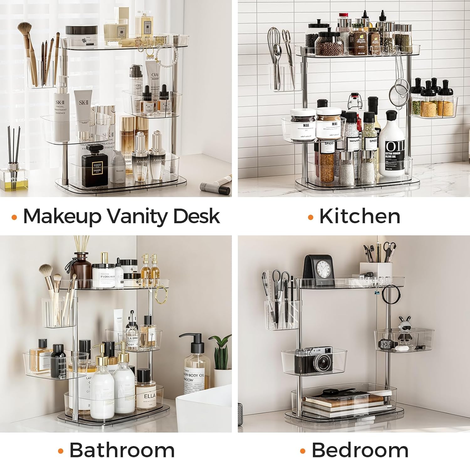 Rotating Makeup Vanity Organizer, Bathroom Countertop Cosmetic Skin Care Storage,Cosmetic Display Case with Brush Holder,for Skincare Perfume Cosmetics,Detachable Hanging Trays & Hooks - Image 6