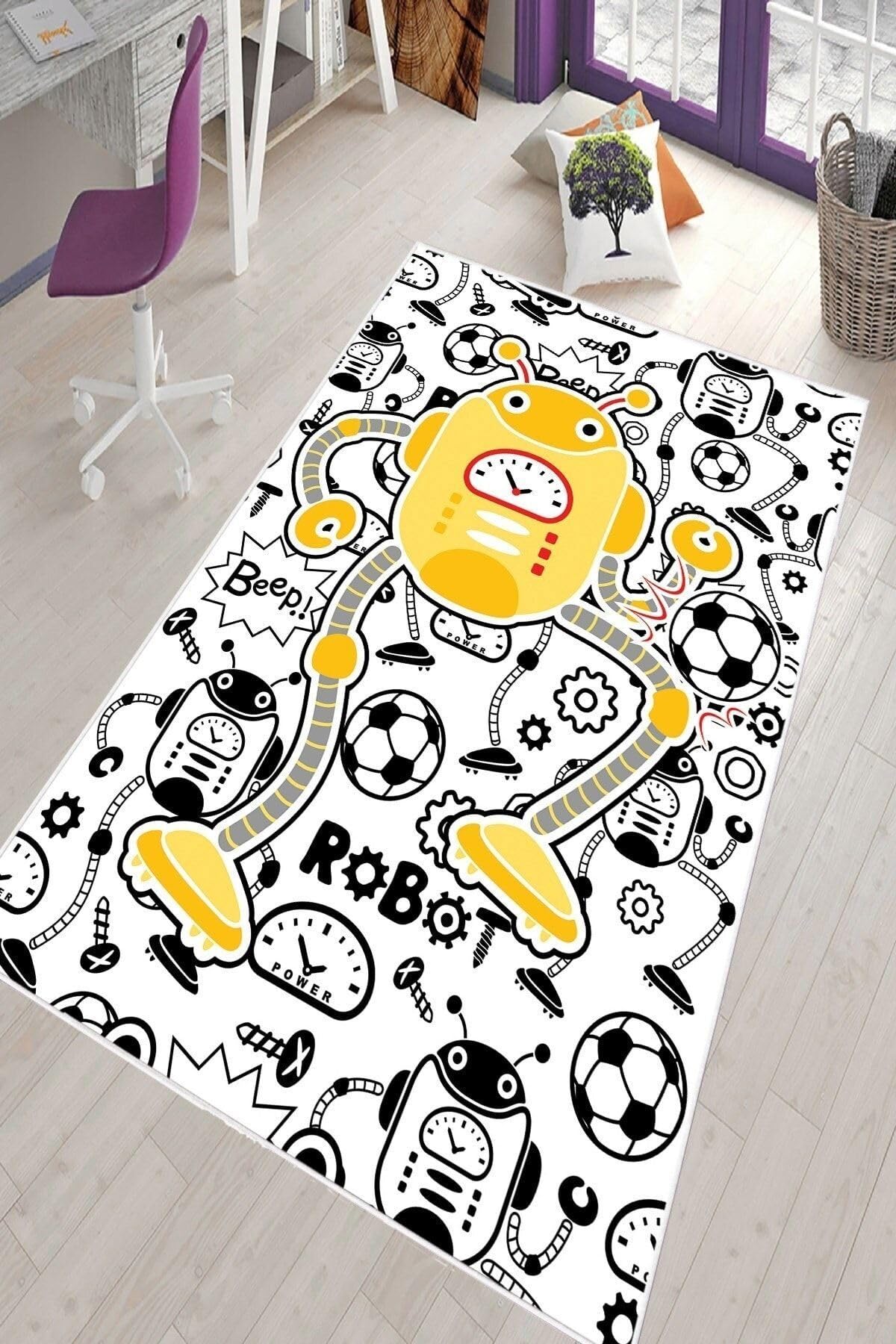 Pelangi Beyaz Robot Desenli Çocuk Yıkanabilir Kaymaz Taban Leke Tutmaz Bebek Ve Çocuk Odası Halısı, Siyah-Beyaz 60 x 120