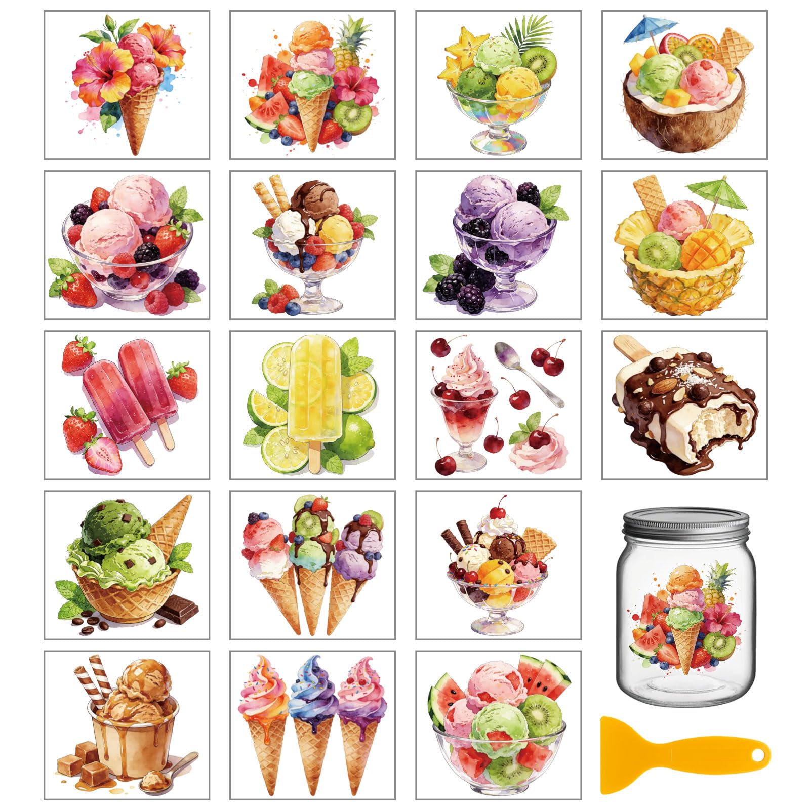 GLOBLELAND 18 Sheets Ice Cream Rub on Transfer 3.9x3.6inch Colorful Summer Dessert Transfer Stickers Waterproof UV DTF Cup Wraps for Furniture Vase Glass Art Crafts Decorations