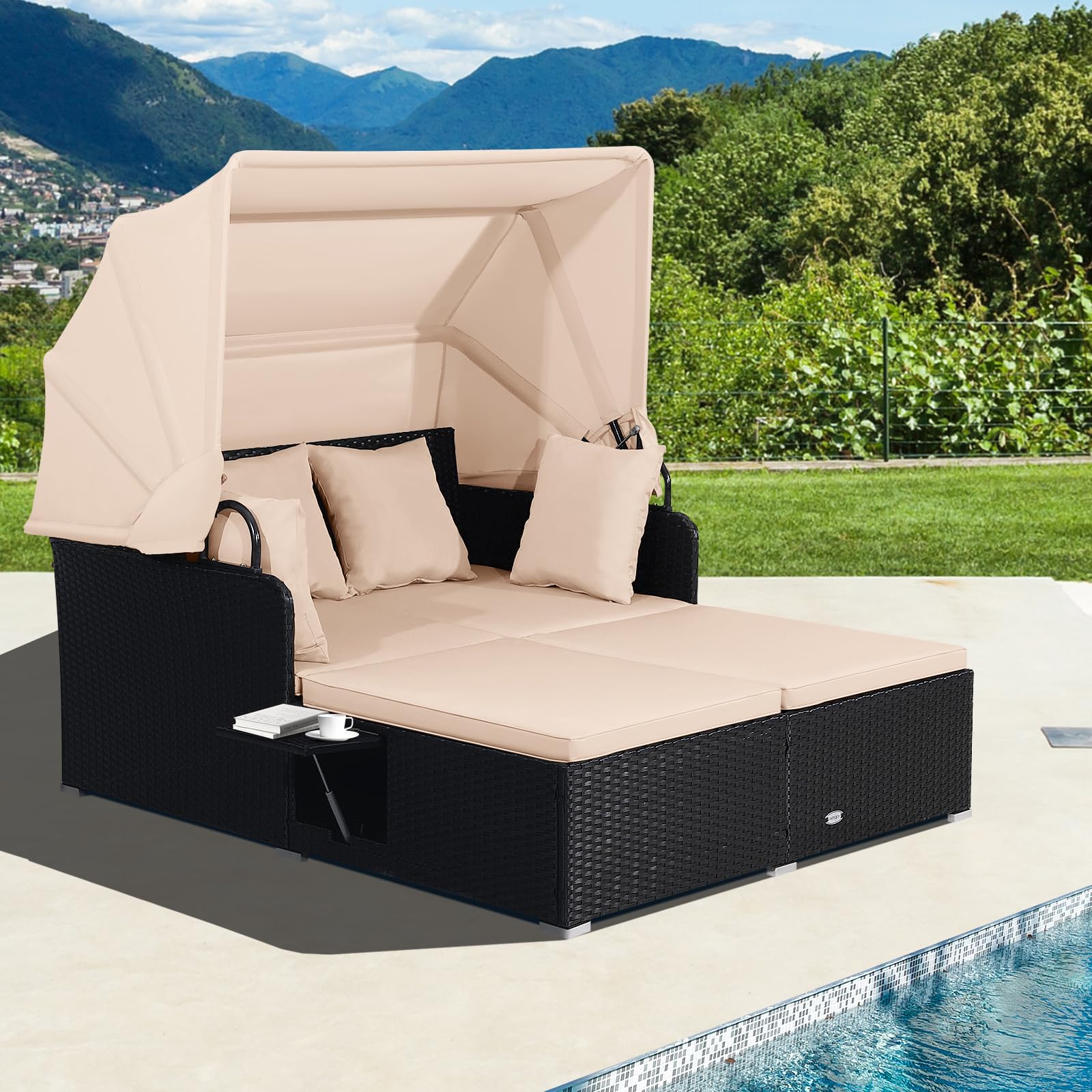 COSTWAY Lettino Prendisole per 2 Persone, Divano Letto Matrimoniale da Esterno in Rattan con Tettuccio Retrattile e Cuscini, Isola Prendisole per Giardino Cortile Balcone,165 x 153 x 138 cm (Beige)