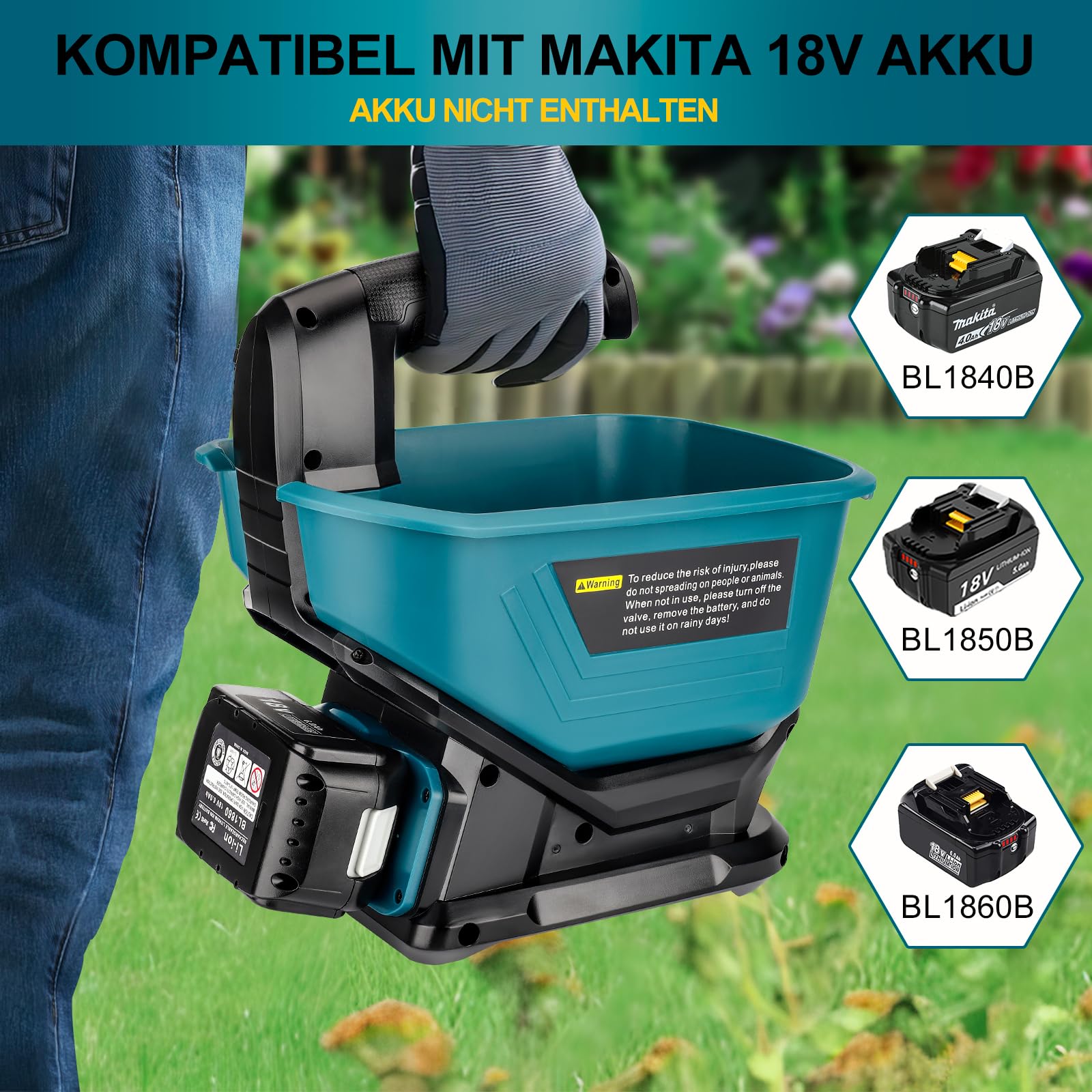 YEX-BUR Düngerstreuer für Makita 18V Lithium-Akku, Tragbar Handstreuer mit 5-stufige Drehzahlregulierung, 3,7 L, deckt bis zu 8.000 sq. ft. ab (ohne Akku)