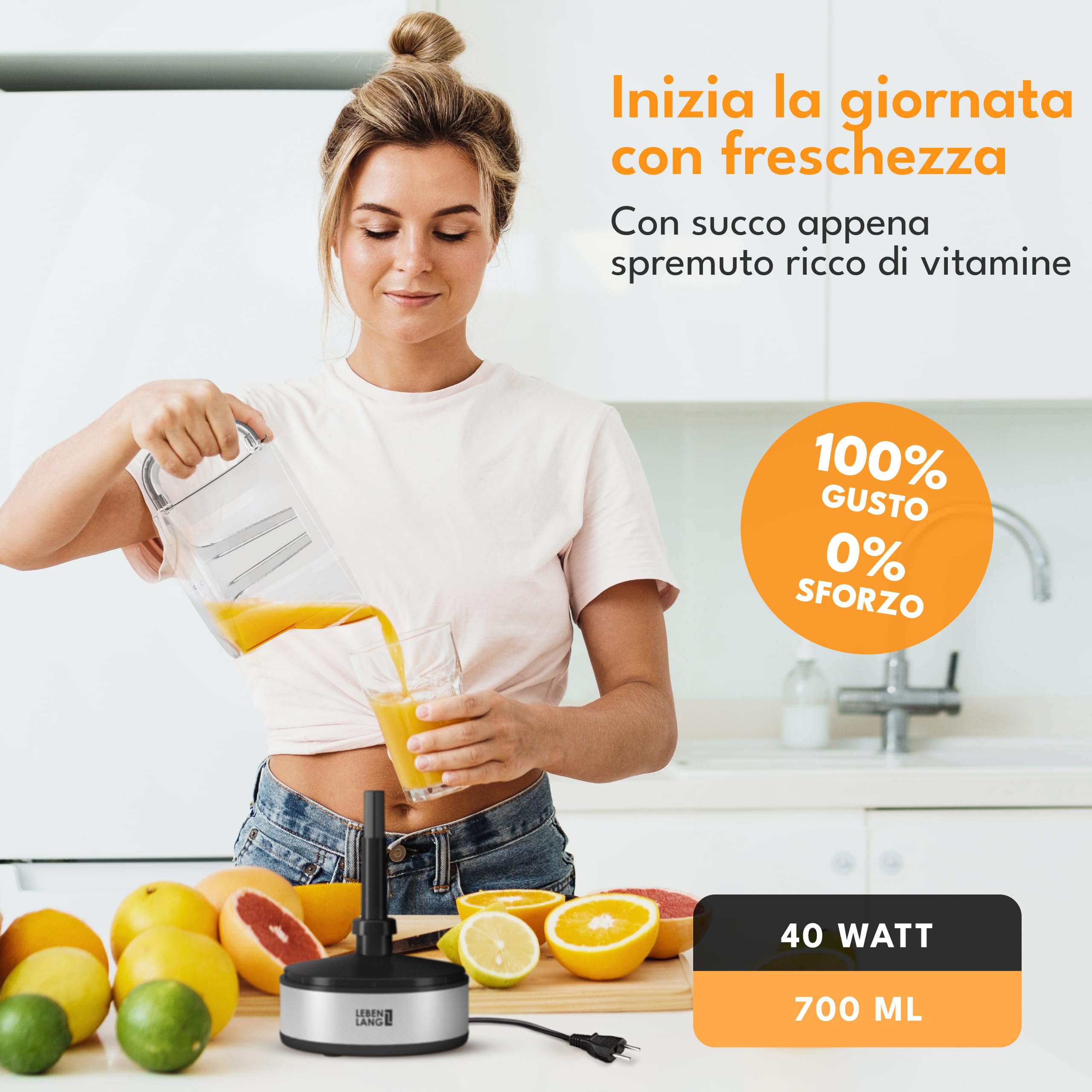 LEBENLANG Spremiagrumi elettrico - 2 Coni e senza BPA I Alta resa di succo I 700ml Spremi agrumi elettronico I Spremuta arancia Spremitore arance automatico I Sprema arancie piccolo silenzioso nero
