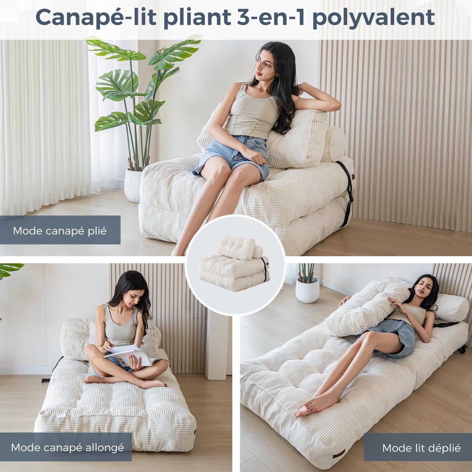 MAXYOYO Canapé-lit pliable et convertible avec oreiller, matelas avec support dorsal, fauteuil-lit portable et confortable pour salon, chambre à coucher, beige