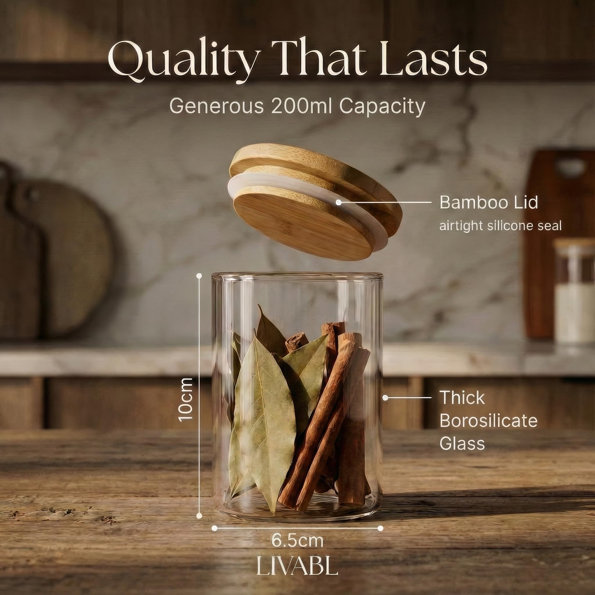 Livabl Barattoli per spezie in vetro con coperchi ed etichette, 12 contenitori per spezie con coperchio in bambù, barattoli ermetici da 200 ml con 360 etichette nere prestampate impermeabili