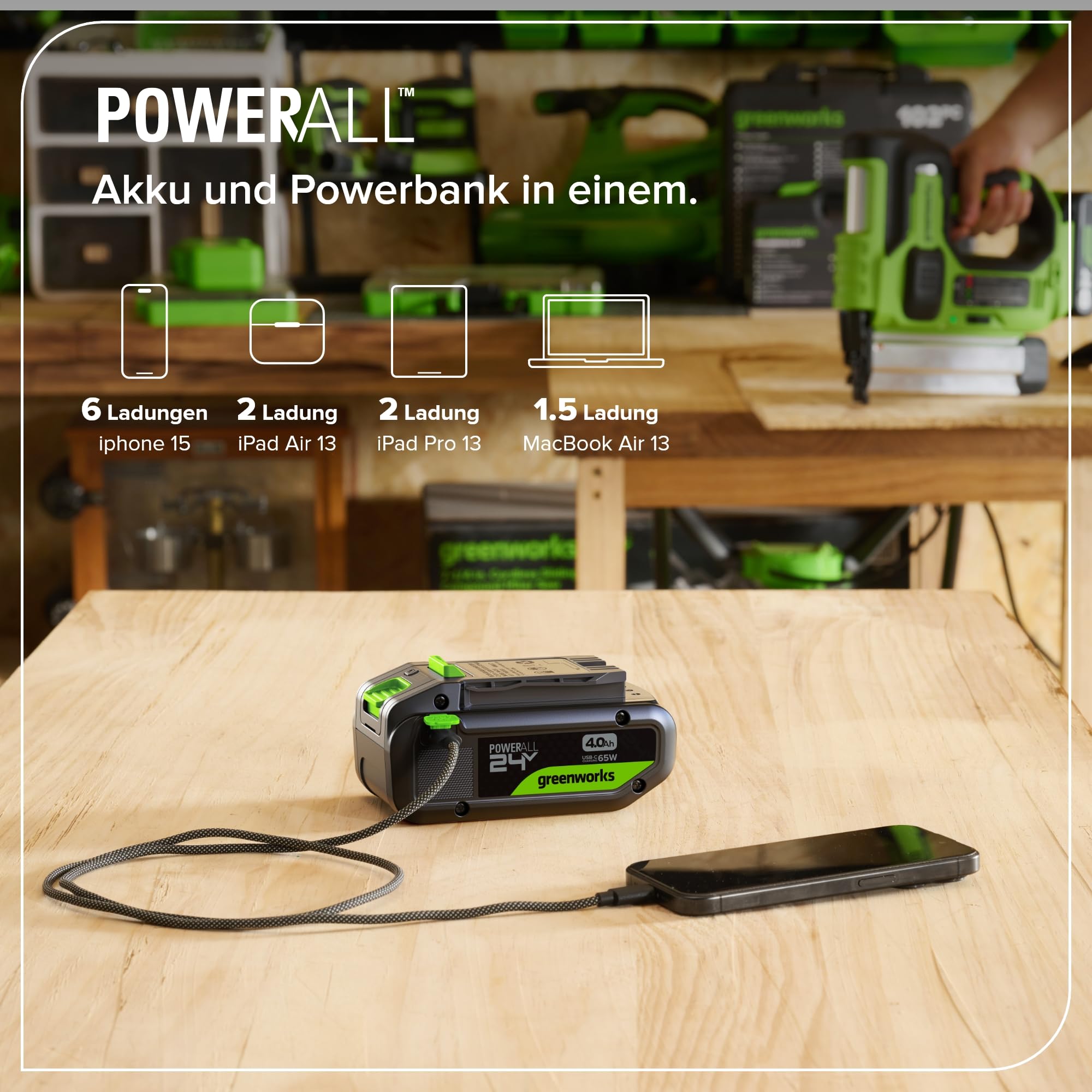 Greenworks 24 V 4 Ah bateria ricaricabile USB-C & caricabile USB-C da 65 W & cavo da 100 W, bateria kompatybilna z Con Tutti GLI oltre 200 dispositivi Greenworks da 24 V, 2 anni di garanzia - K2S2BEA
