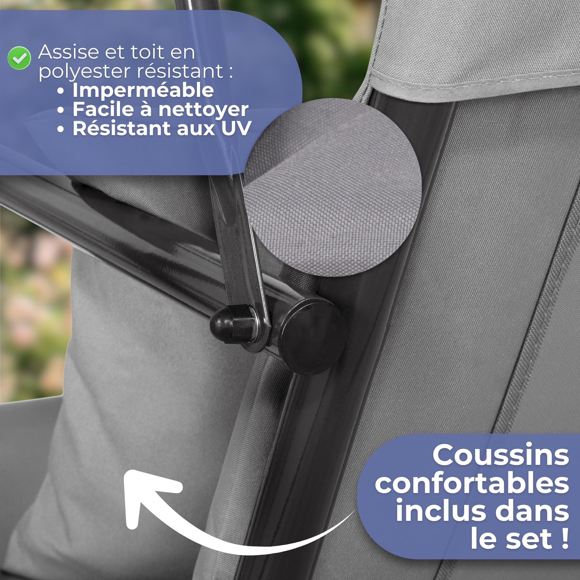 SPRINGOS Balancelle de jardin Luna avec toit, coussin, balancelle 3 personnes, H x L x P : 150 x 170 x 110 cm (gris)