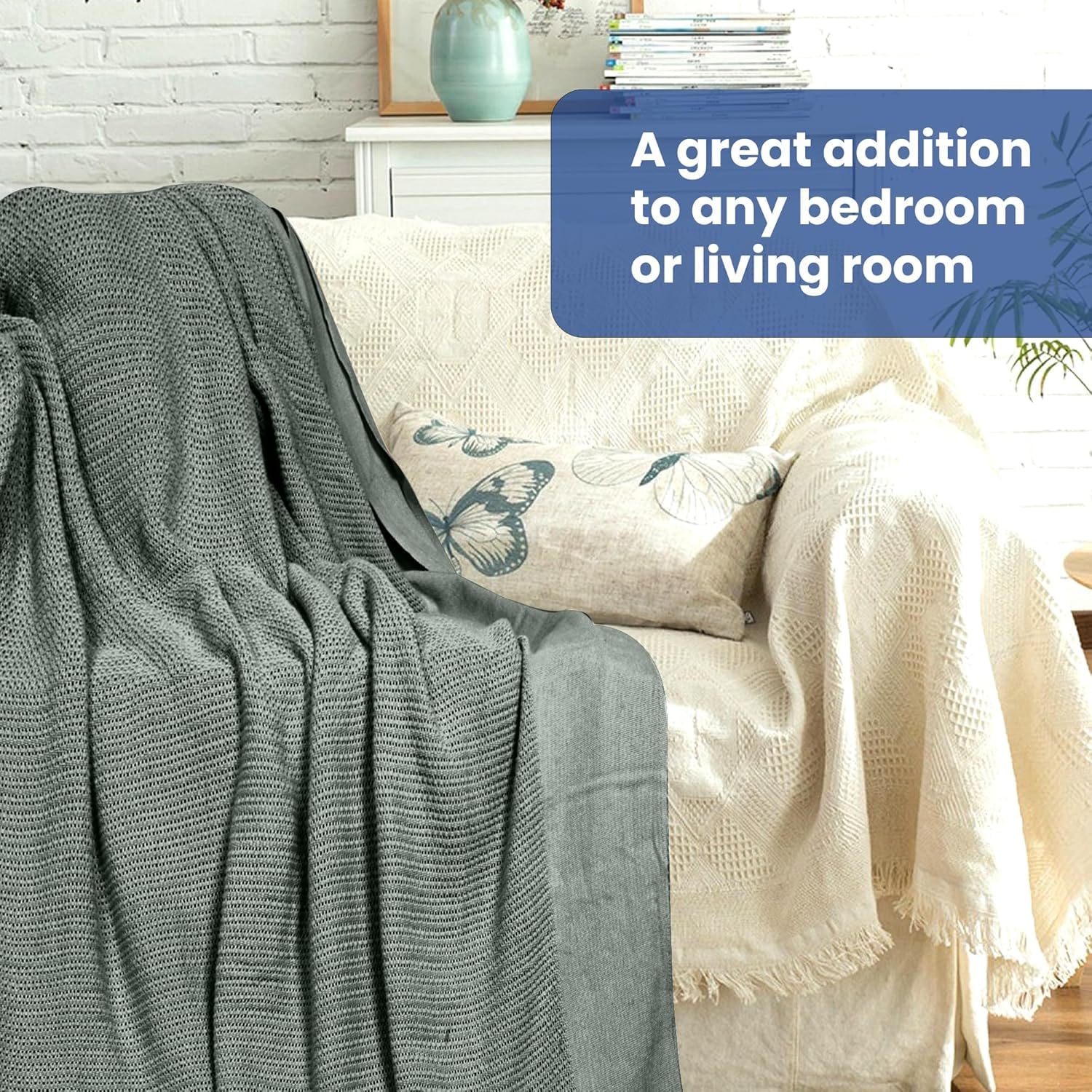 بطانية مريحة وناعمة ودافئة ومتينة وفاخرة ومنفوشة للغاية بتصميم نسيج لينو مصنوعة من القطن بنسبة 100% للسرير والاريكة في كافة المواسم لينتيوم تيكستايل سابلاي مقاس كوين لون رمادي جليدي