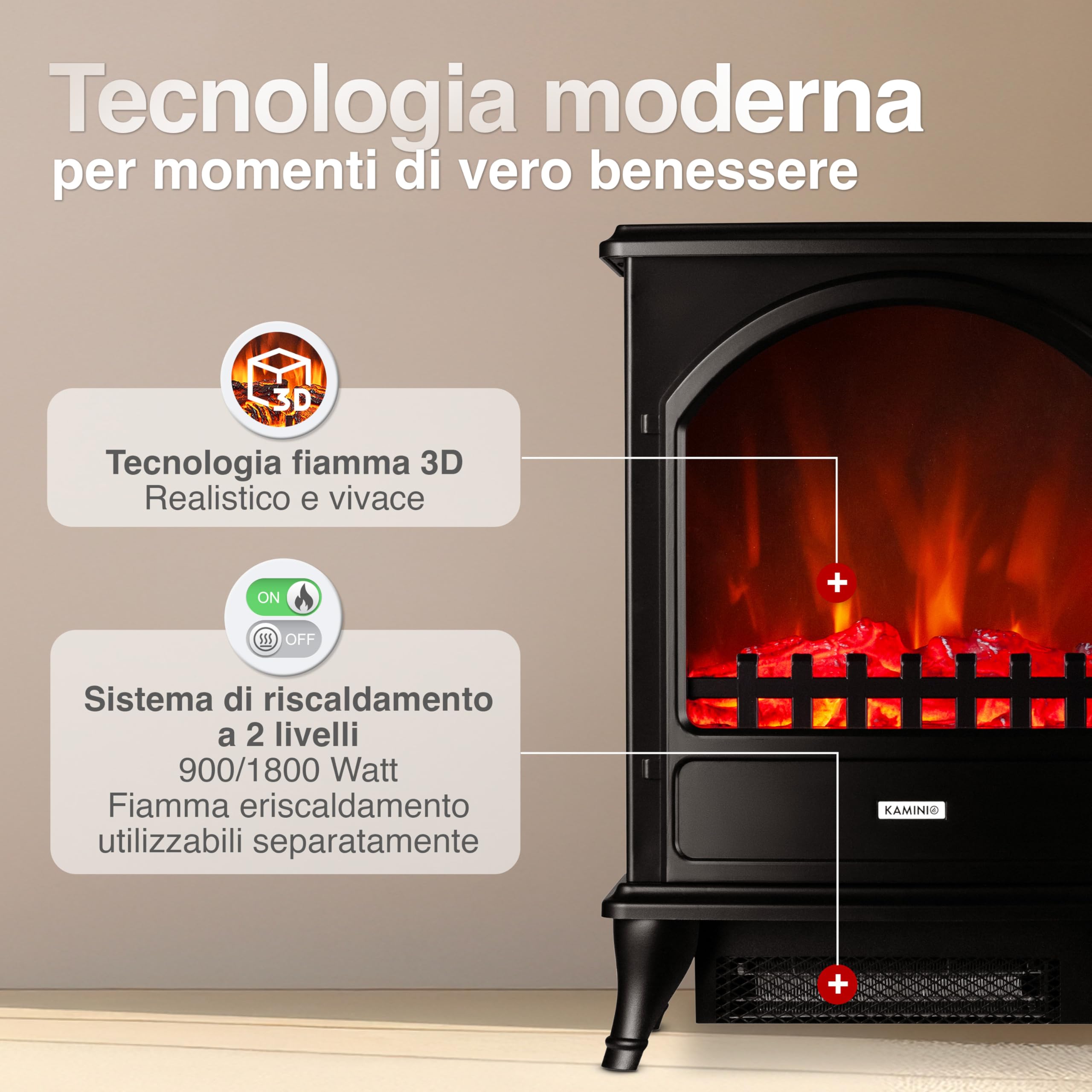 KAMINIO Camino elettrico Leni - Stufa elettrica con riscaldamento, effetto fiamma 3D (Nero)