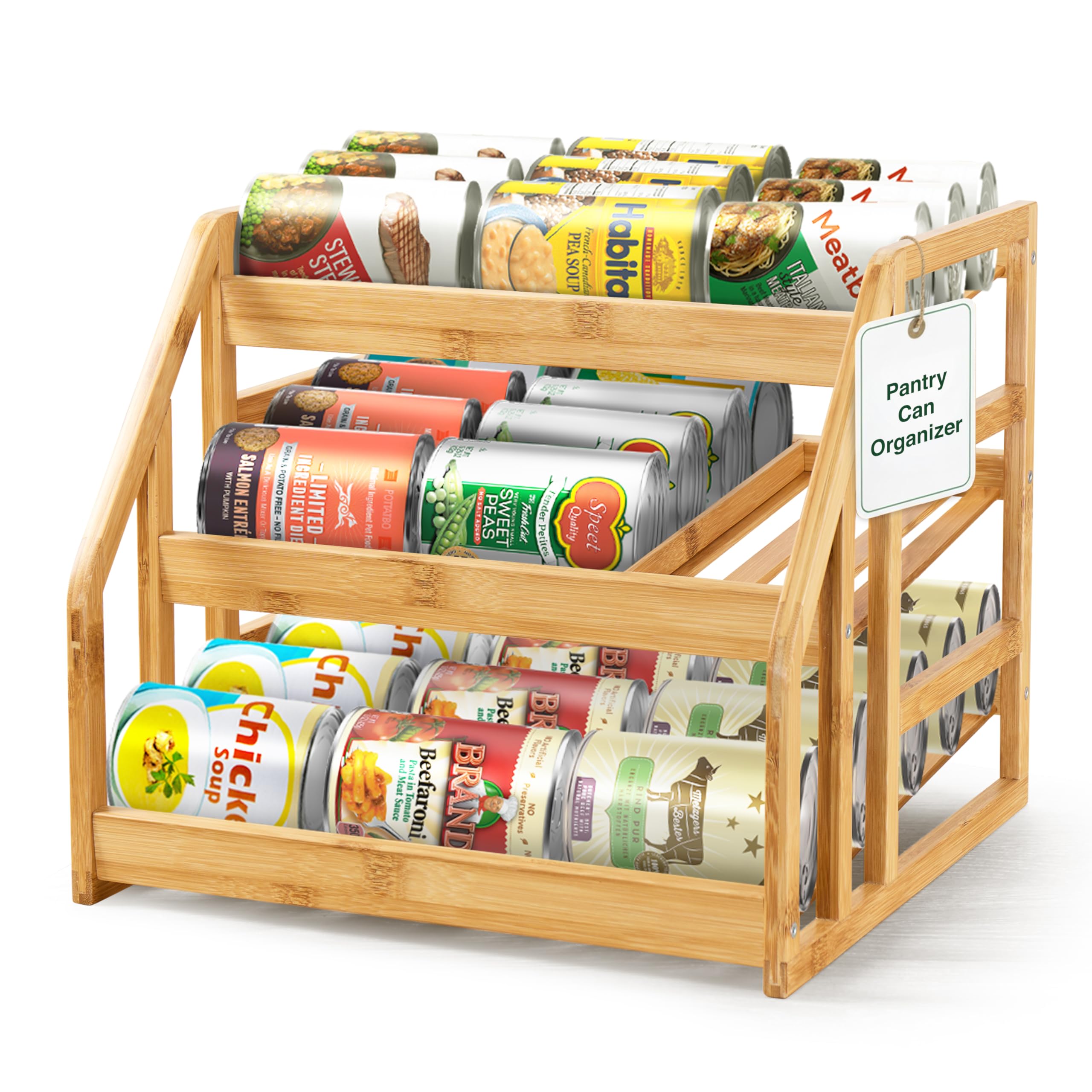 HOMESTEAD Bamboo Can Organizer for Pantry - 3 Tier Rack with Adjustable Dividers, Gravity Feed Canned Goods Organizer, 36 Cans Soda Storage