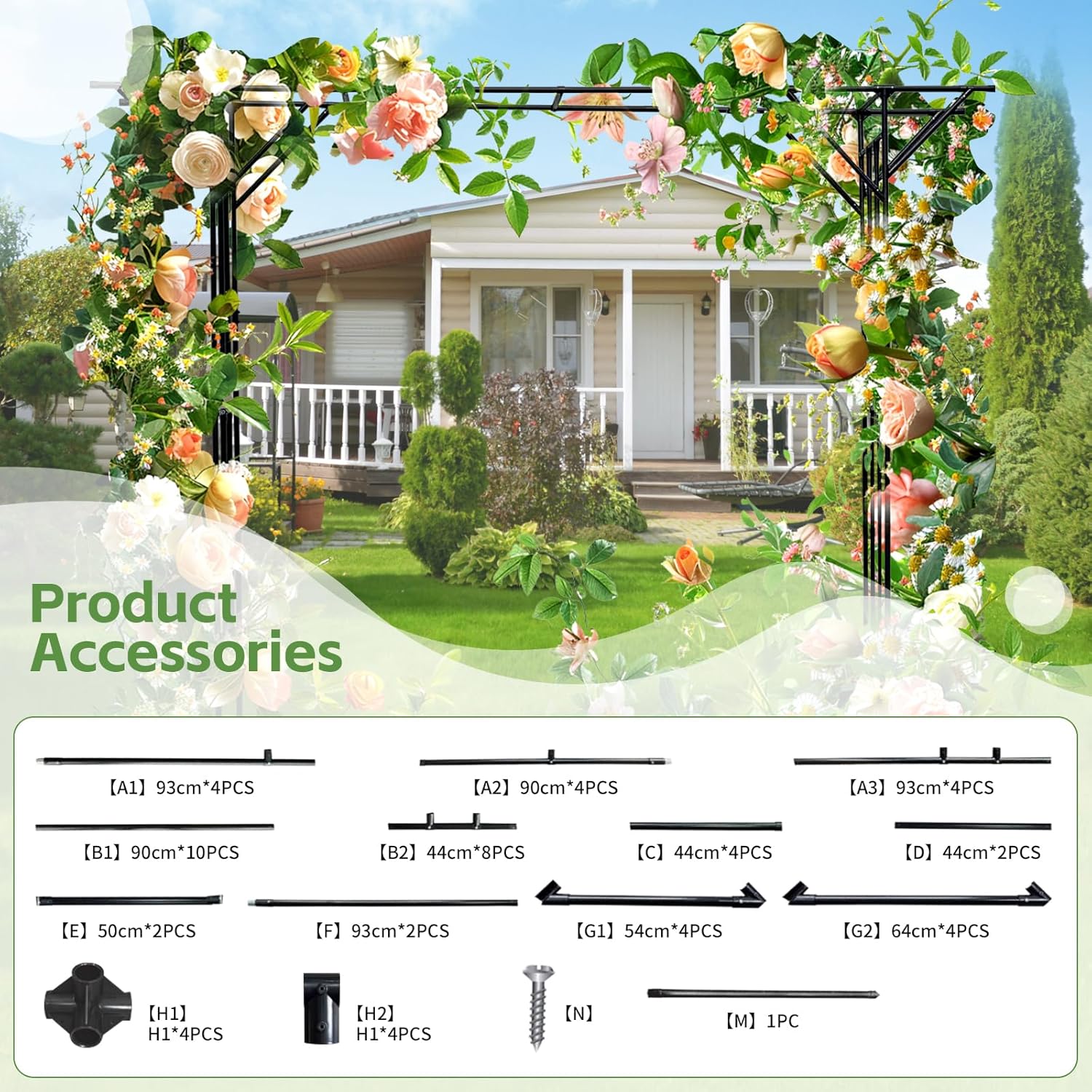 Garden Trellis Arch - 140.7" L x 106" H Supersize Flattop Garden Arch for Wedding - Galvanized Steel Pipe Coated with Plastic （Black）