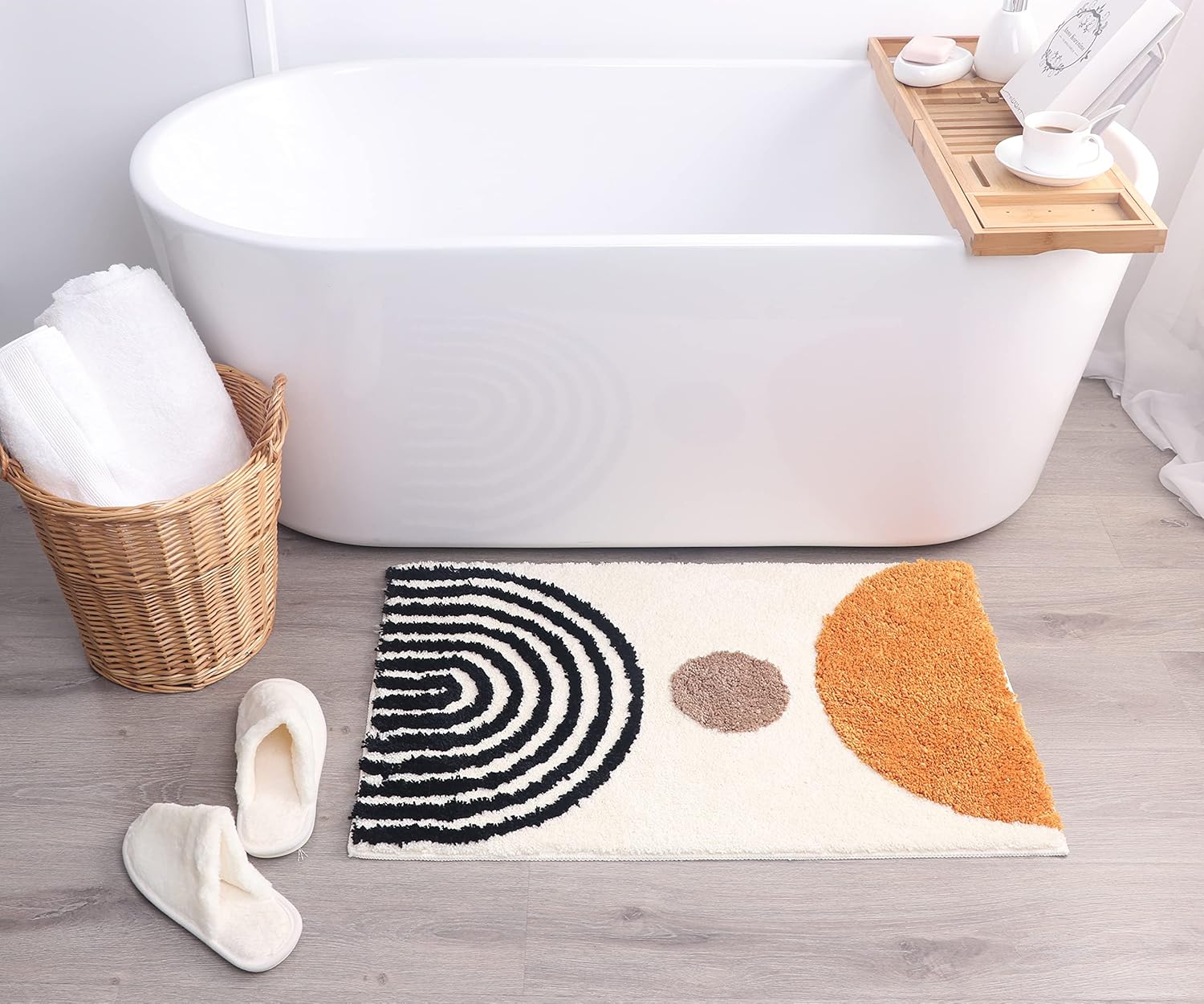 Abstract Rug Beige Boho Bathroom Mat - White Geometric Bath Rugs - Mustard Mid Century Modern Mats Neutral Bohemian Decor Bathmats Unique Cute Dorm Room Decor College Girls Arches Bathmats