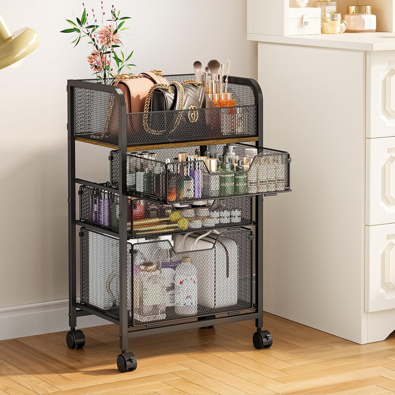 4-Tier Rolling Utility Cart with 3 Drawers-Craft Organizers and Storage with 360° Lockable Wheels,Art Supply Storage Organizer for Art Supplies, Store for Brushes & Paints & Artifacts Patent Pending - Image 9