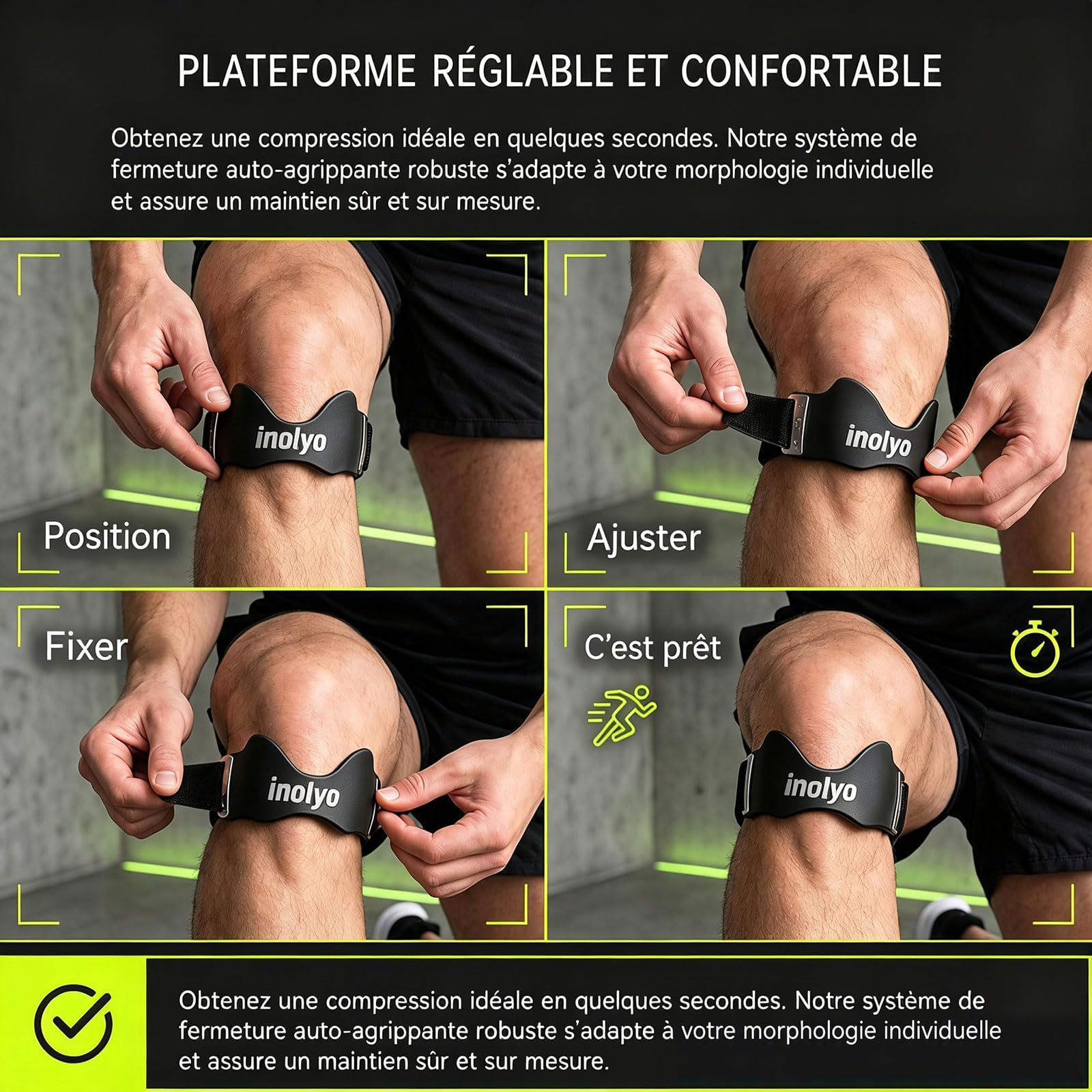 Inolyo Pour Genoux, Sangle Rotulienne Genoux, Genouillere Arthrose Genou, Sangle Silicone Ajustable, Respirante, Antidérapante, pour la Course, le Sport et les Activités Quotidiennes