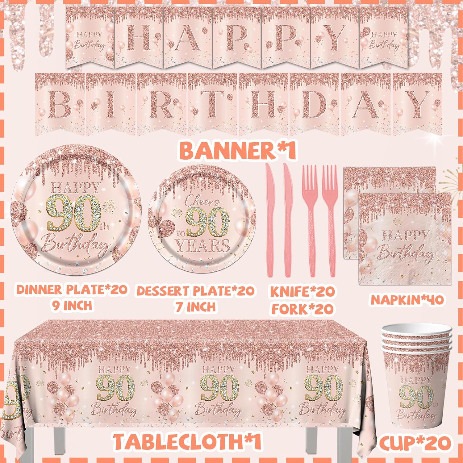 90th Birthday Decorations for Women,142pcs Rose Gold 90th Birthday Decorations Tableware Set 90th Birthday Plates and Napkins Cups Tablecloth for 90 Year Old Birthday Decorations - Image 6