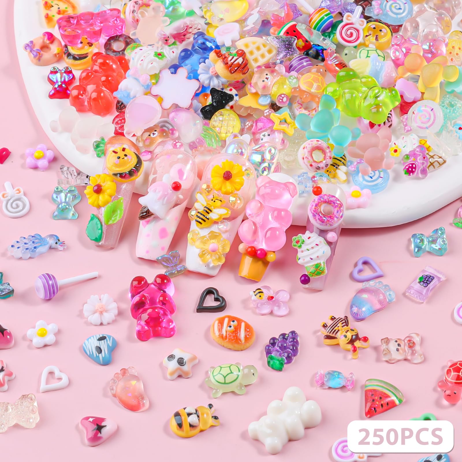 Zestaw 250 szt. kawaii 3D cukierkowe zawieszki do paznokci, Y2K kreskówka żelki niedźwiedź pszczoły owoc ananas słodkie cukierki lizak pączek lody urocze serce gwiazda kokardki mieszane kolory