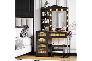 4-Drawer Vanity Table with 3-Color LED Mirror, Charging Station, & Hair Dryer Rack