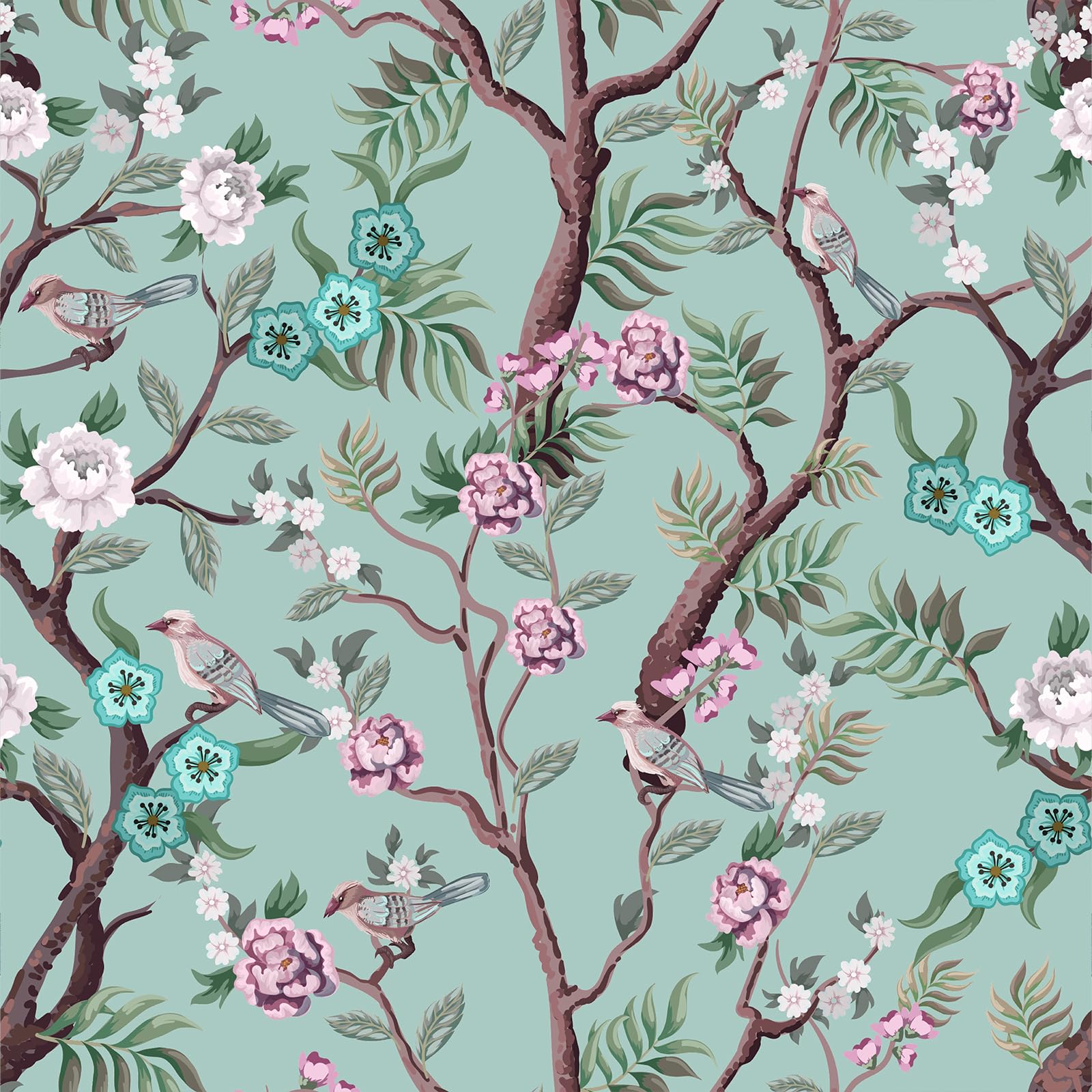 VEELIKE Vintage Green Chinoiserie Wallpaper Peel and Stick Peonies & Bird Wallpaper for Bedroom Bathroom 17.7''x118'' Removable Self Adhesive Bird